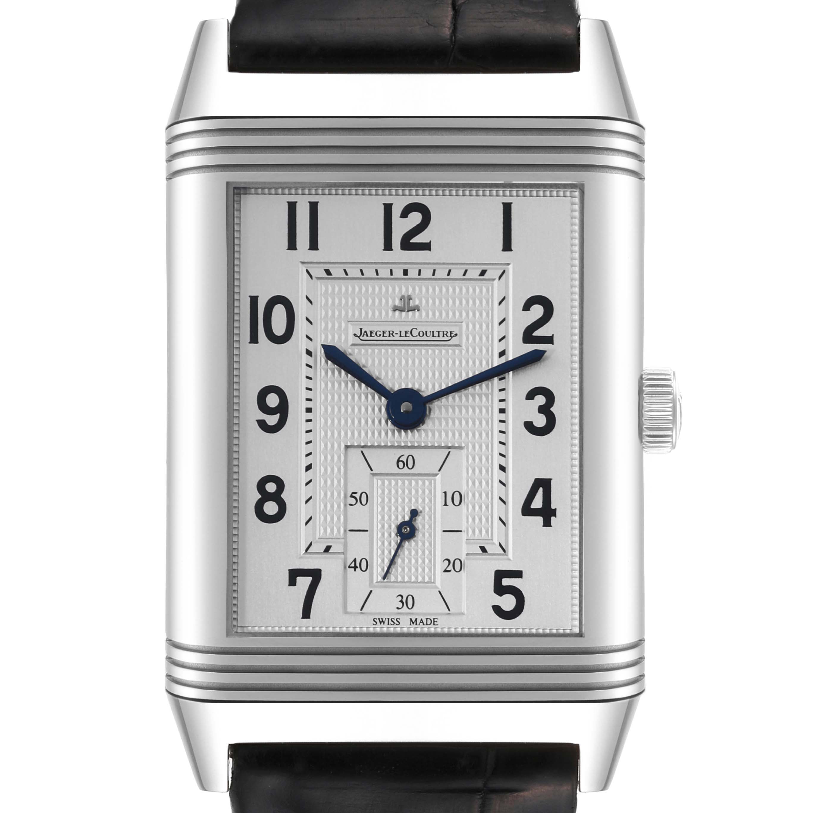 The Jaeger LeCoultre Reverso Q3738420 Men's Stainless Steel Silver Dial Q3738420 Men's Stainless Steel Silver Dial model watch is shown from the front, displaying its rectangular dial and black leather strap.