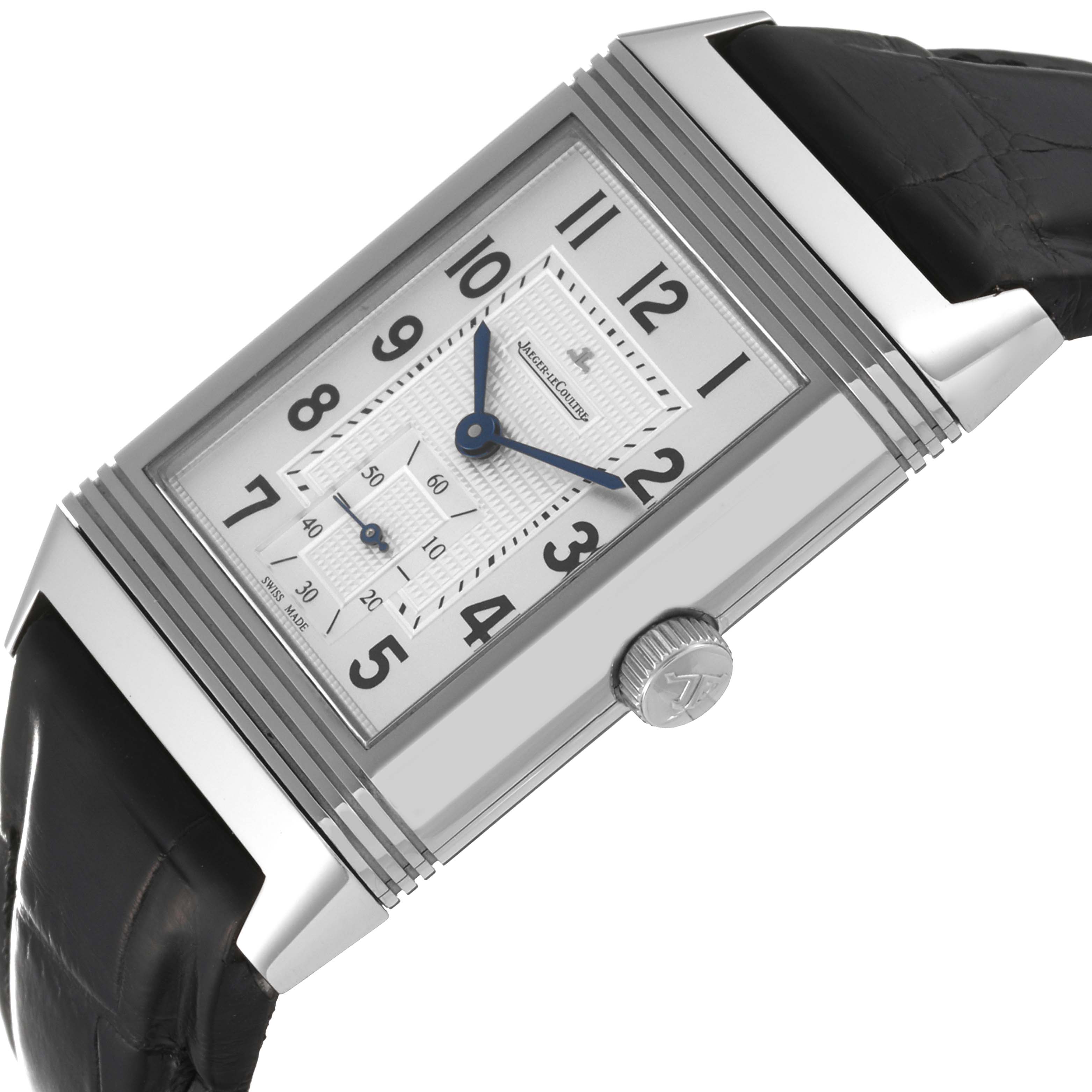 The image shows a close-up diagonal view of a Jaeger LeCoultre Reverso Q3738420 Men's Stainless Steel Silver Dial Q3738420 Men's Stainless Steel Silver Dial watch, highlighting the dial, crown, and leather strap.