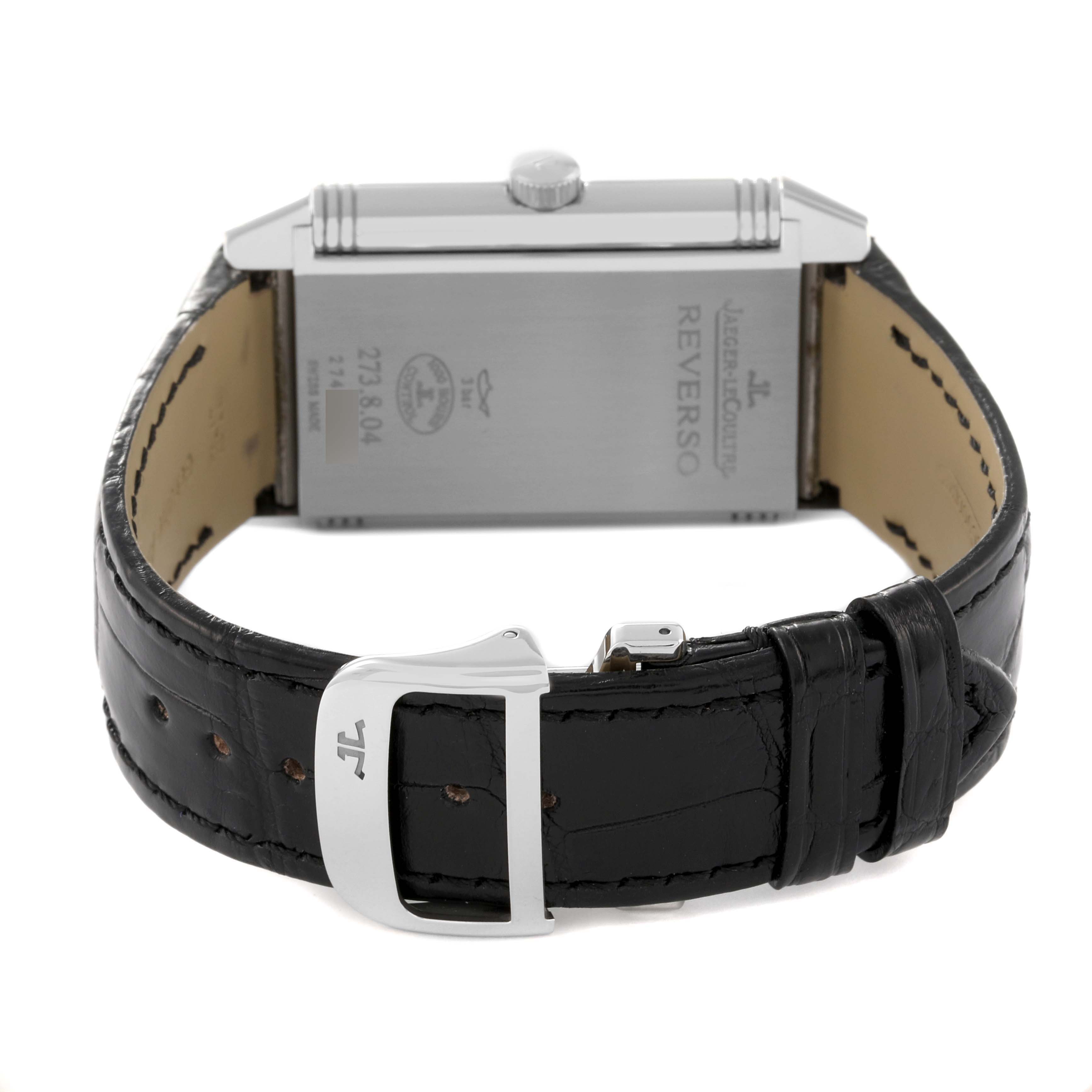 The image shows the back and strap of a Jaeger LeCoultre Reverso Q3738420 Men's Stainless Steel Silver Dial Q3738420 Men's Stainless Steel Silver Dial watch at a rear angle.
