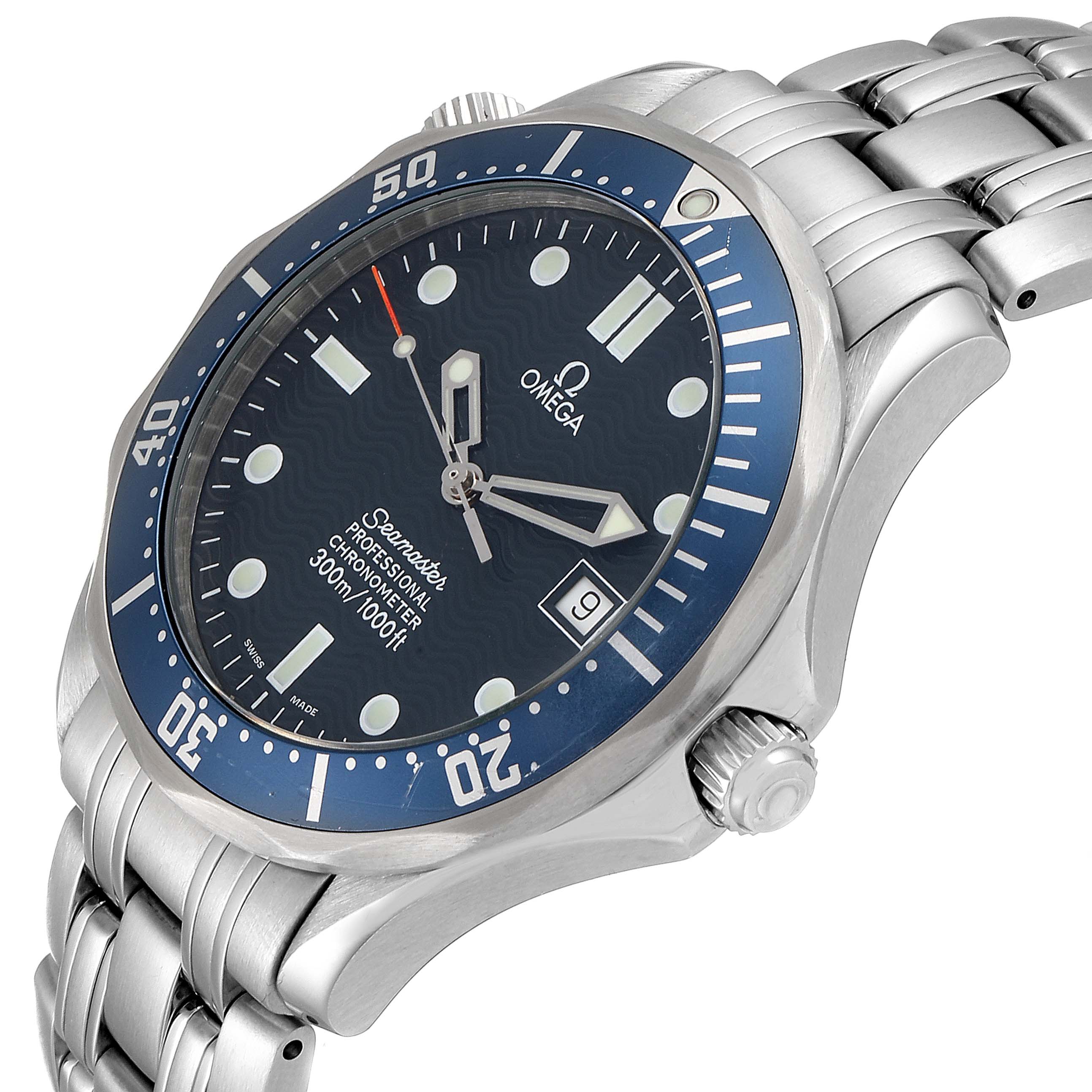 The Omega Seamaster 2531.80.00 Men
s Stainless Steel Blue Dial 2531.80.00 Men
s Stainless Steel Blue Dial watch is shown at an angled view, displaying the face, bezel, crown, and part of the bracelet.