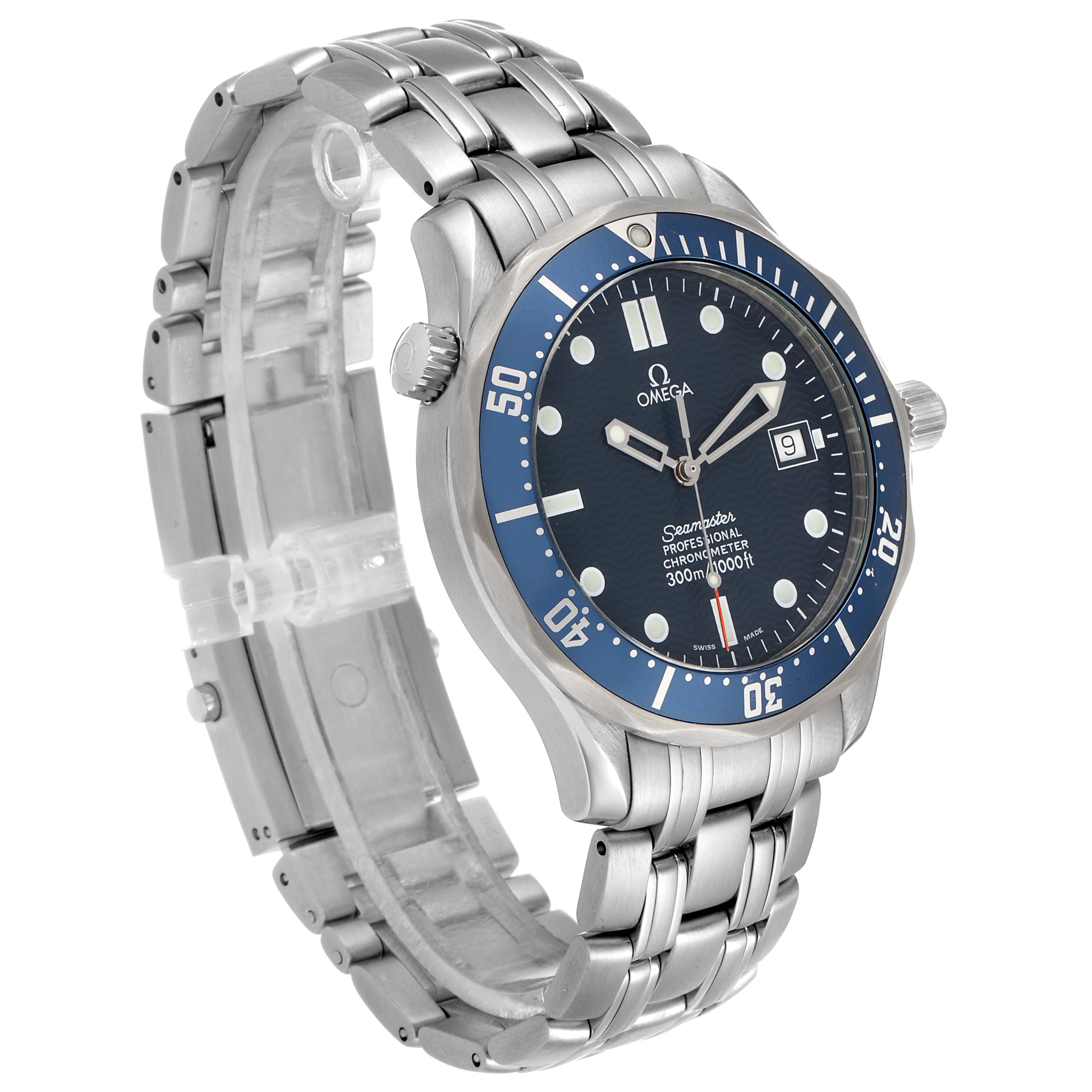 This Omega Seamaster 2531.80.00 Men
s Stainless Steel Blue Dial 2531.80.00 Men
s Stainless Steel Blue Dial watch is shown at an angle highlighting its dial, case, bezel, and metal bracelet.