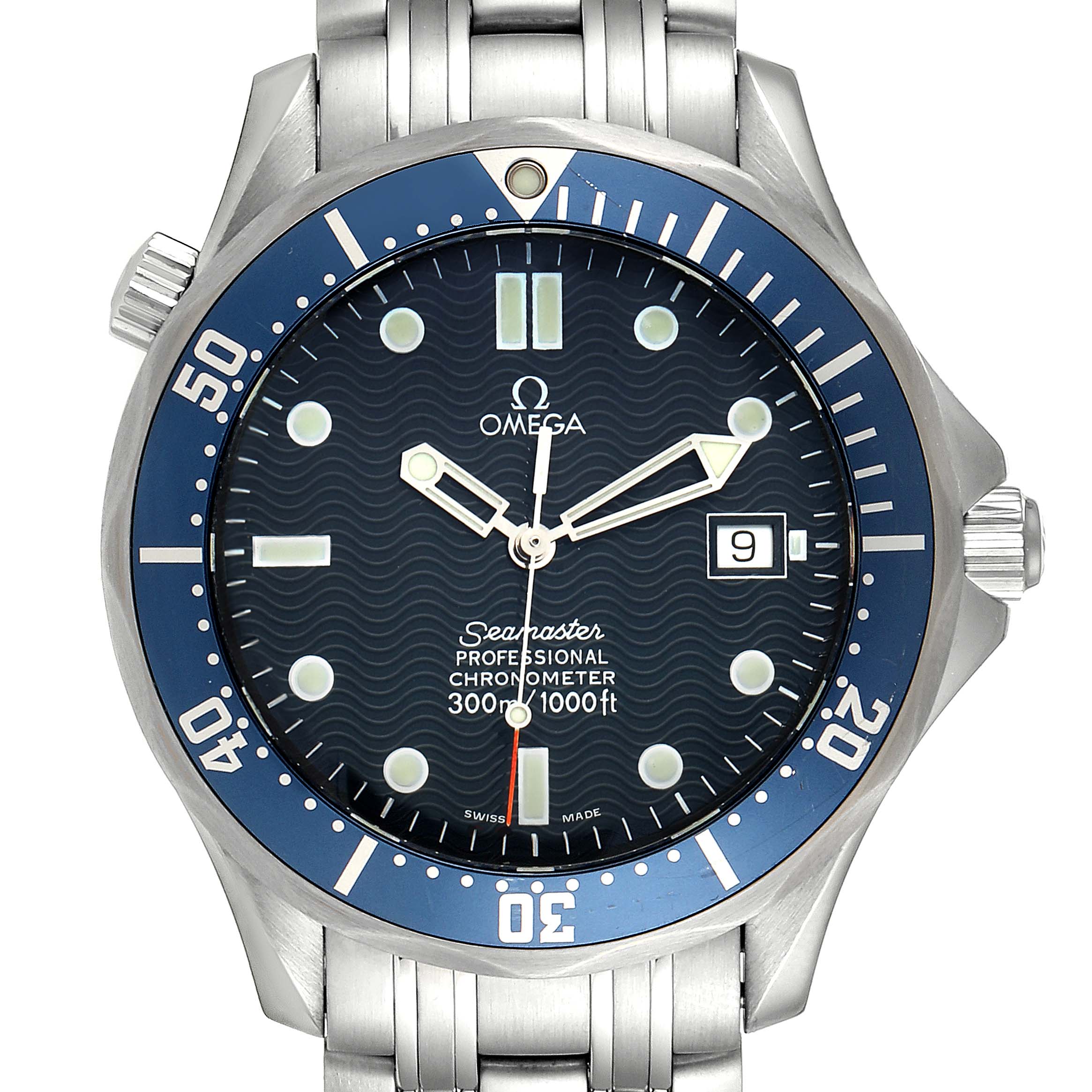 The Omega Seamaster 2531.80.00 Men
s Stainless Steel Blue Dial 2531.80.00 Men
s Stainless Steel Blue Dial watch is shown from a front angle, displaying the face, bezel, and part of the bracelet.