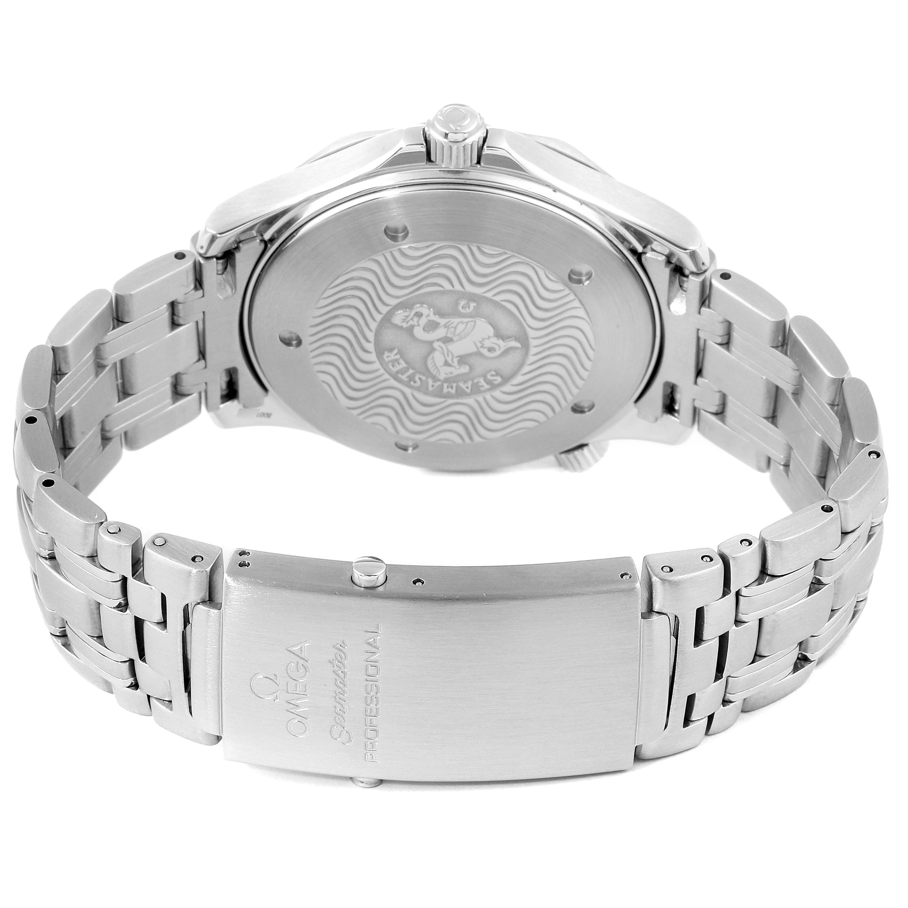 This image shows the back case and clasp of an Omega Seamaster 2531.80.00 Men
s Stainless Steel Blue Dial 2531.80.00 Men
s Stainless Steel Blue Dial watch from a rear angle.