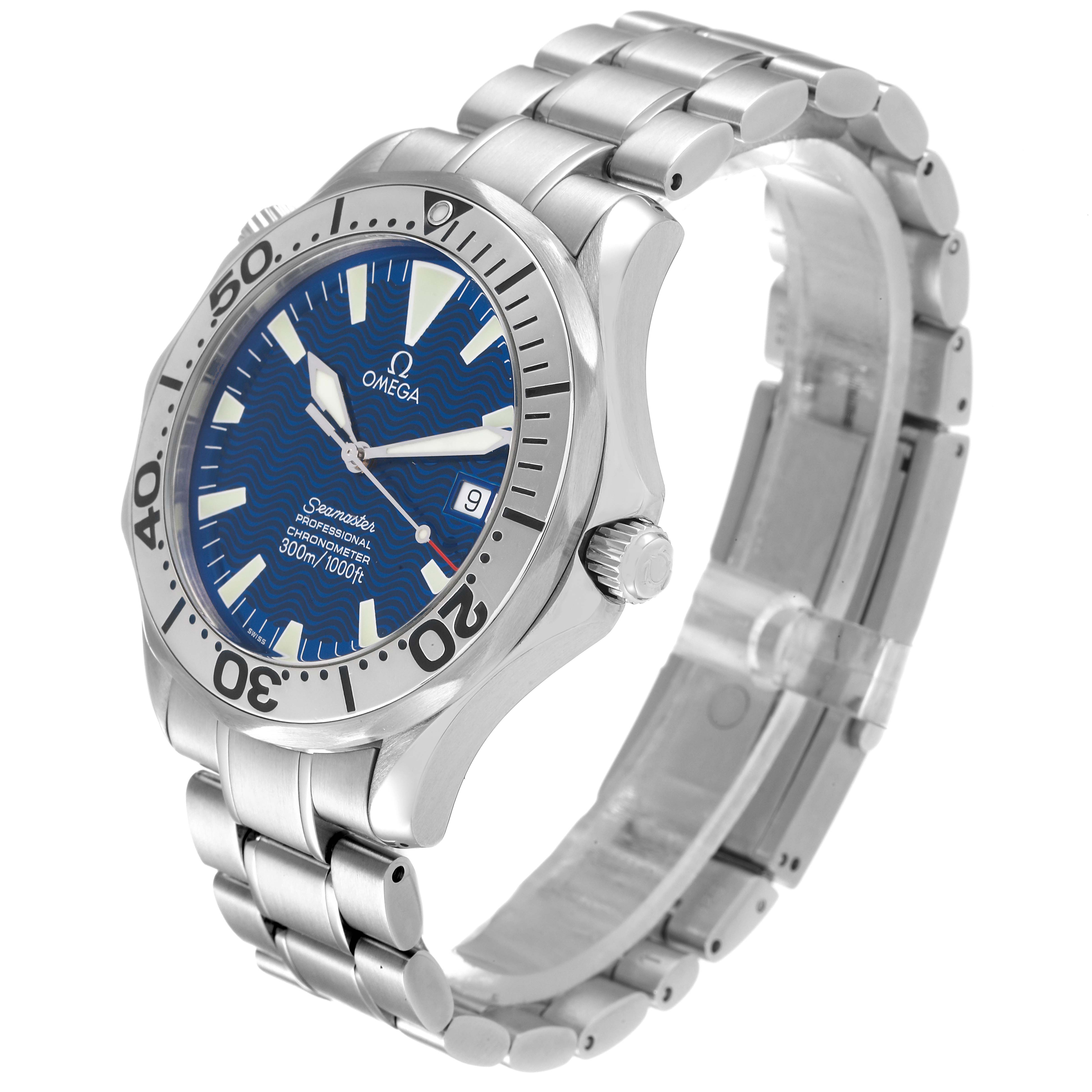 The image shows an angled view of the Omega Seamaster 2255.80.00 Men's Stainless Steel Blue Dial 2255.80.00 Men's Stainless Steel Blue Dial watch displaying its face, bezel, crown, and bracelet.