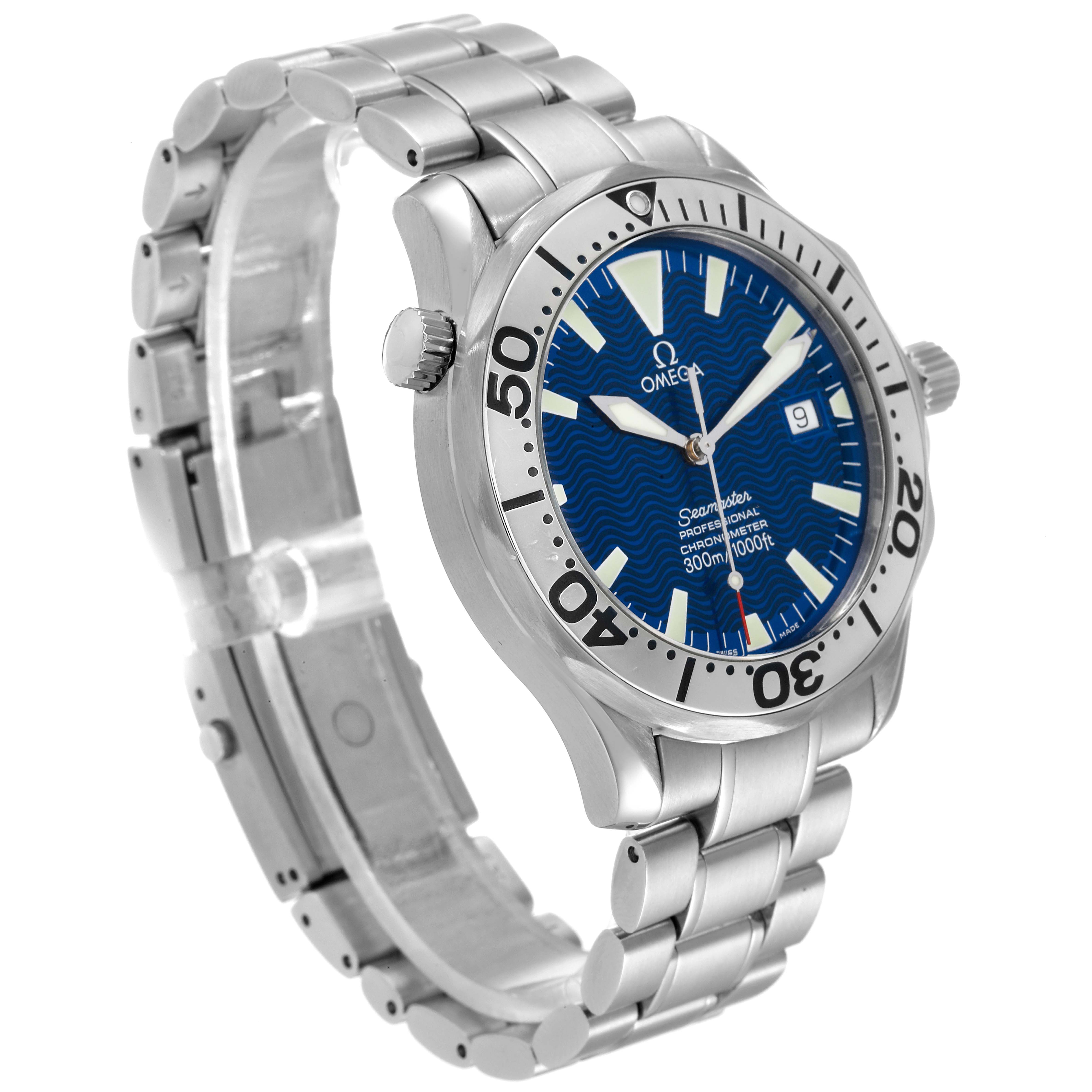 This is a side angle view of an Omega Seamaster 2255.80.00 Men's Stainless Steel Blue Dial 2255.80.00 Men's Stainless Steel Blue Dial watch showing the face, bezel, crown, and bracelet.