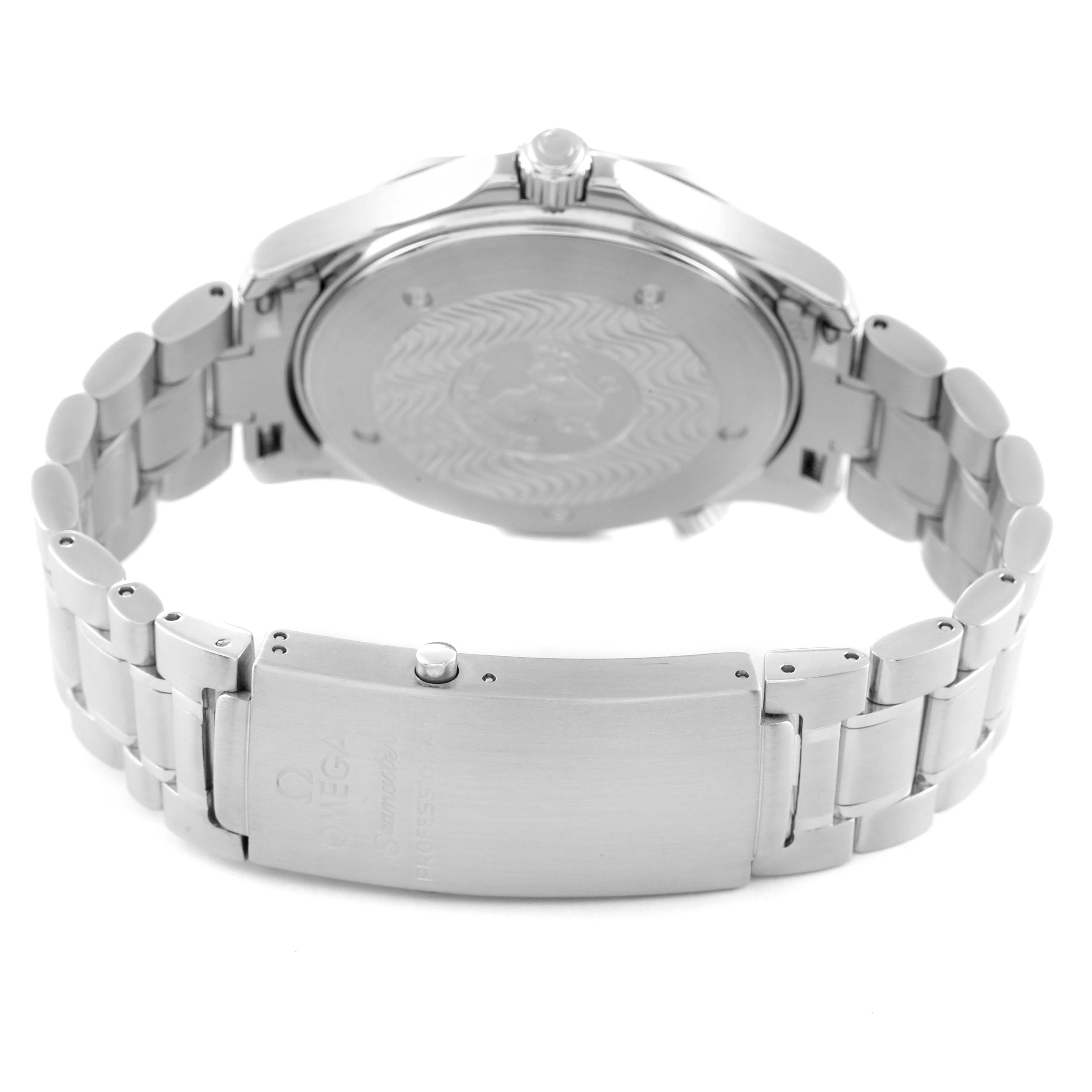 This image shows the back and clasp of the Omega Seamaster 2255.80.00 Men's Stainless Steel Blue Dial 2255.80.00 Men's Stainless Steel Blue Dial watch, highlighting its metal bracelet and engraved case back.