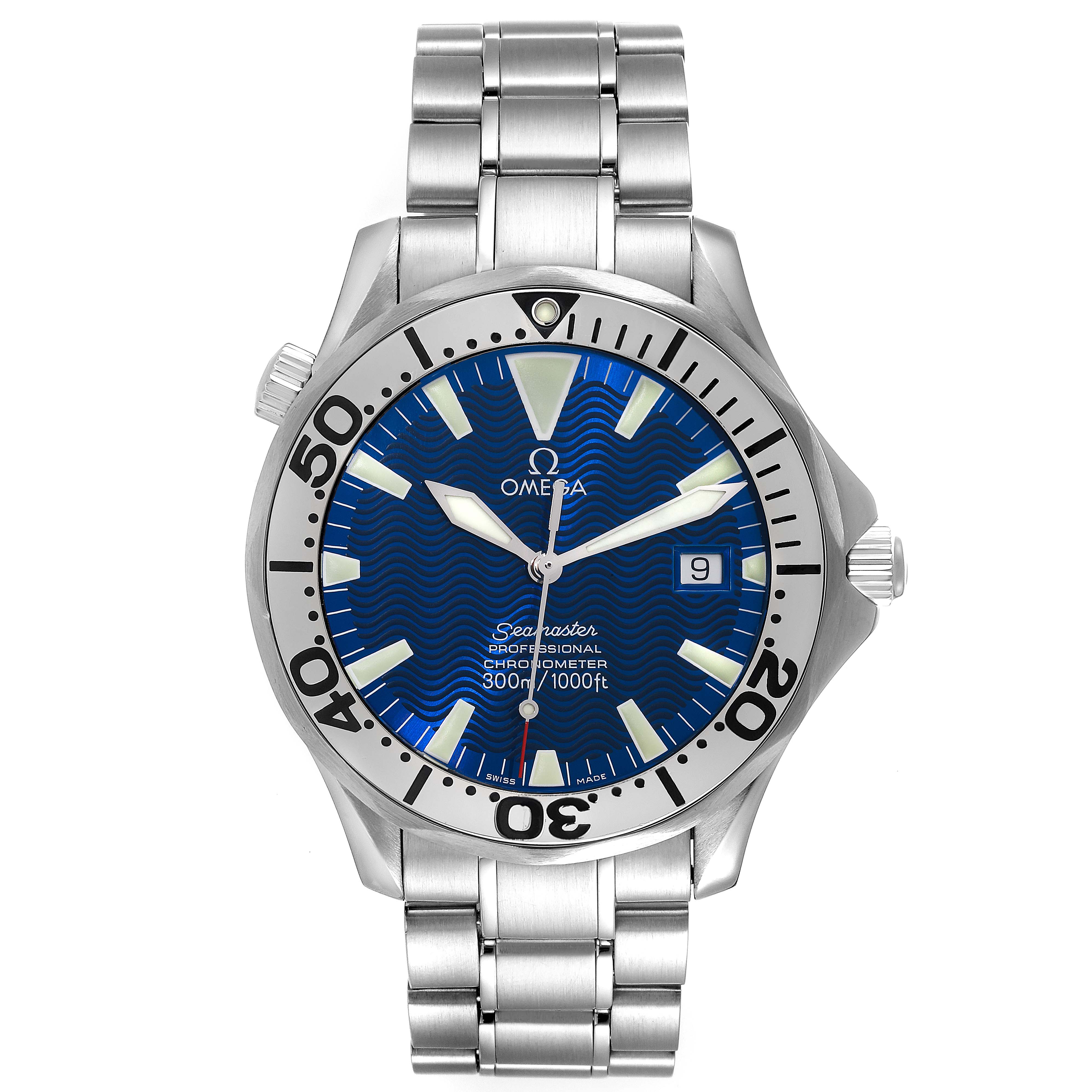 The image shows a front view of an Omega Seamaster 2255.80.00 Men's Stainless Steel Blue Dial 2255.80.00 Men's Stainless Steel Blue Dial watch, displaying its face, bezel, crown, and metal bracelet.