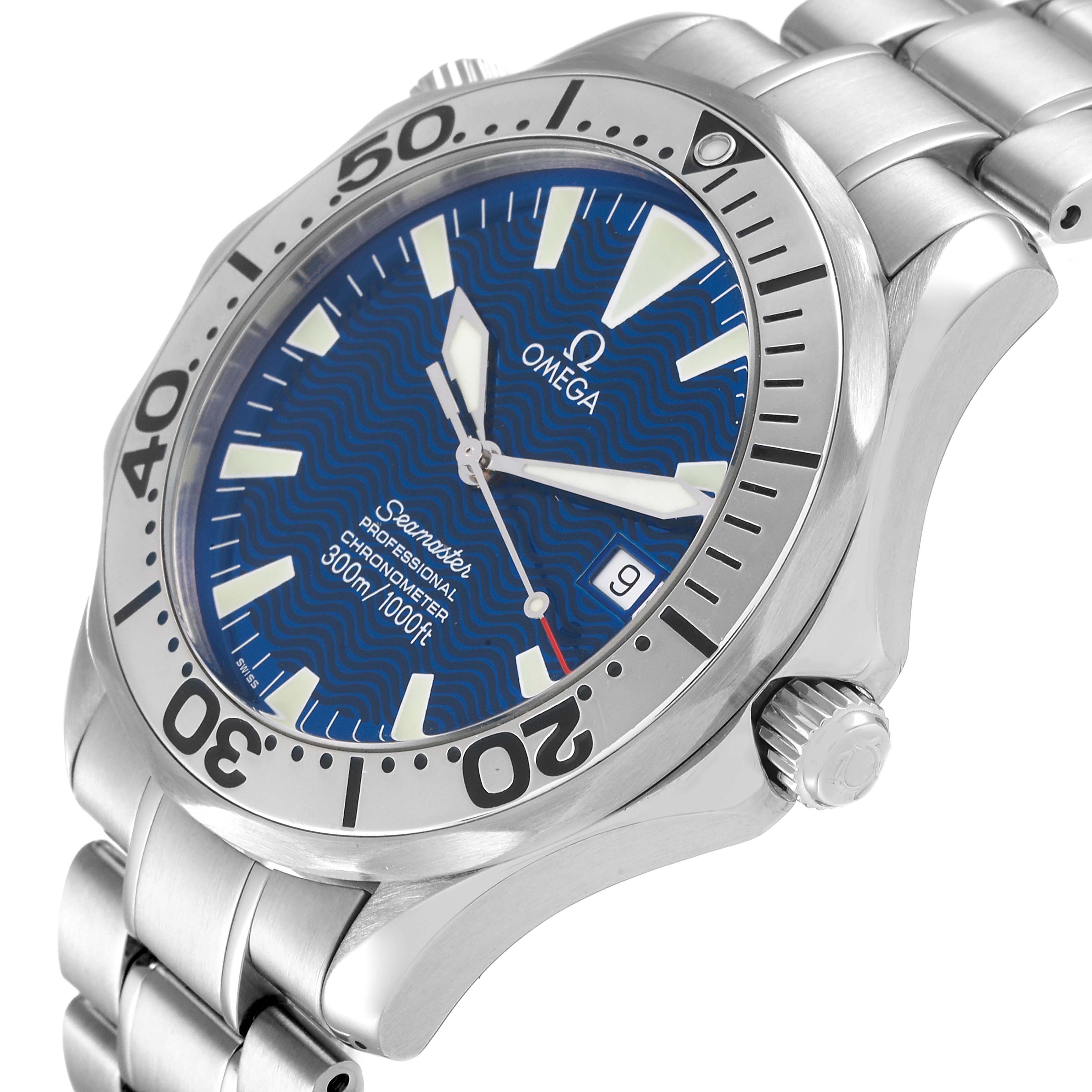 This image shows a close-up angled view of an Omega Seamaster 2255.80.00 Men's Stainless Steel Blue Dial 2255.80.00 Men's Stainless Steel Blue Dial watch, highlighting its dial, bezel, and part of the bracelet.