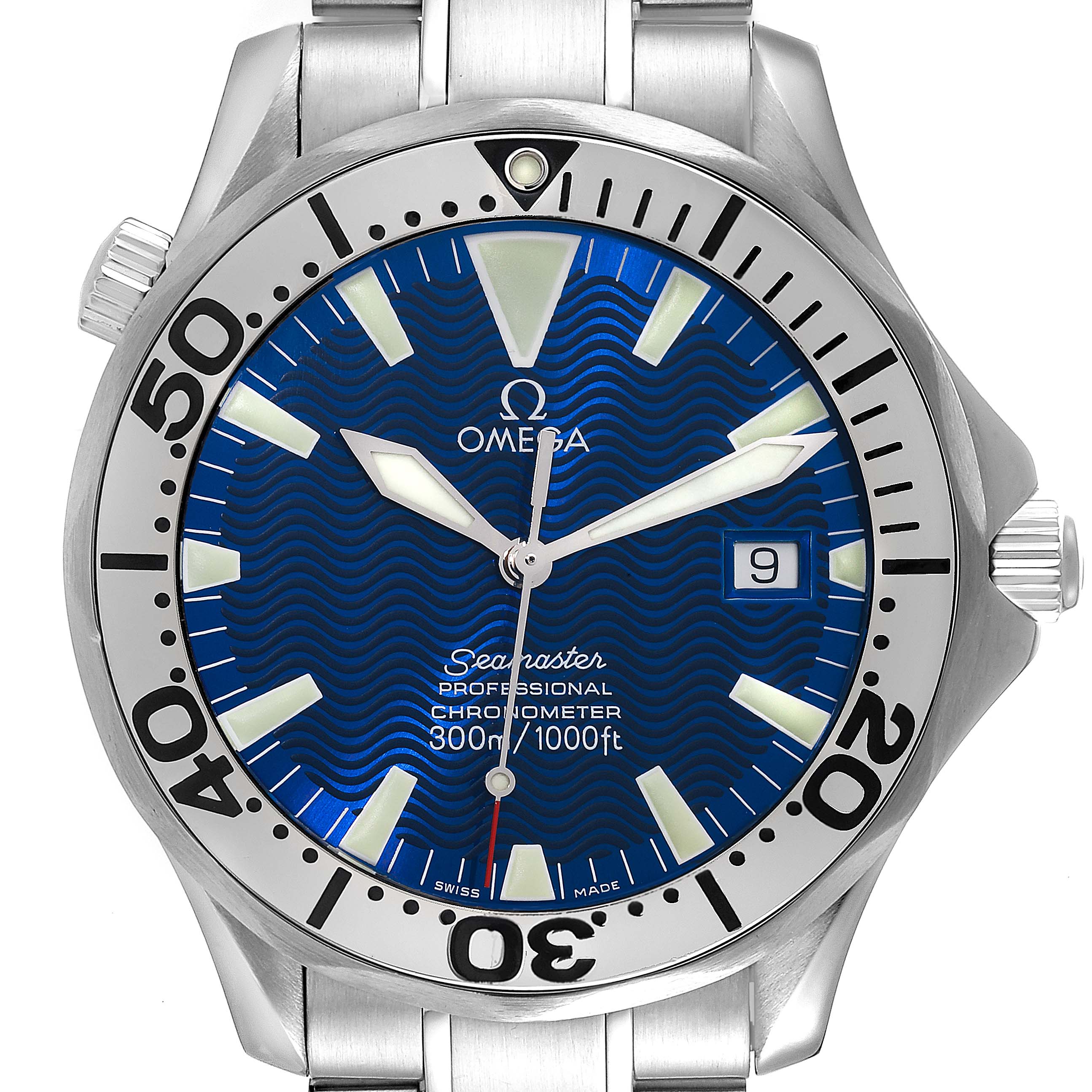 The Omega Seamaster 2255.80.00 Men's Stainless Steel Blue Dial 2255.80.00 Men's Stainless Steel Blue Dial watch is shown from a front angle, displaying the dial, bezel, hour markers, hands, crown, and part of the bracelet.