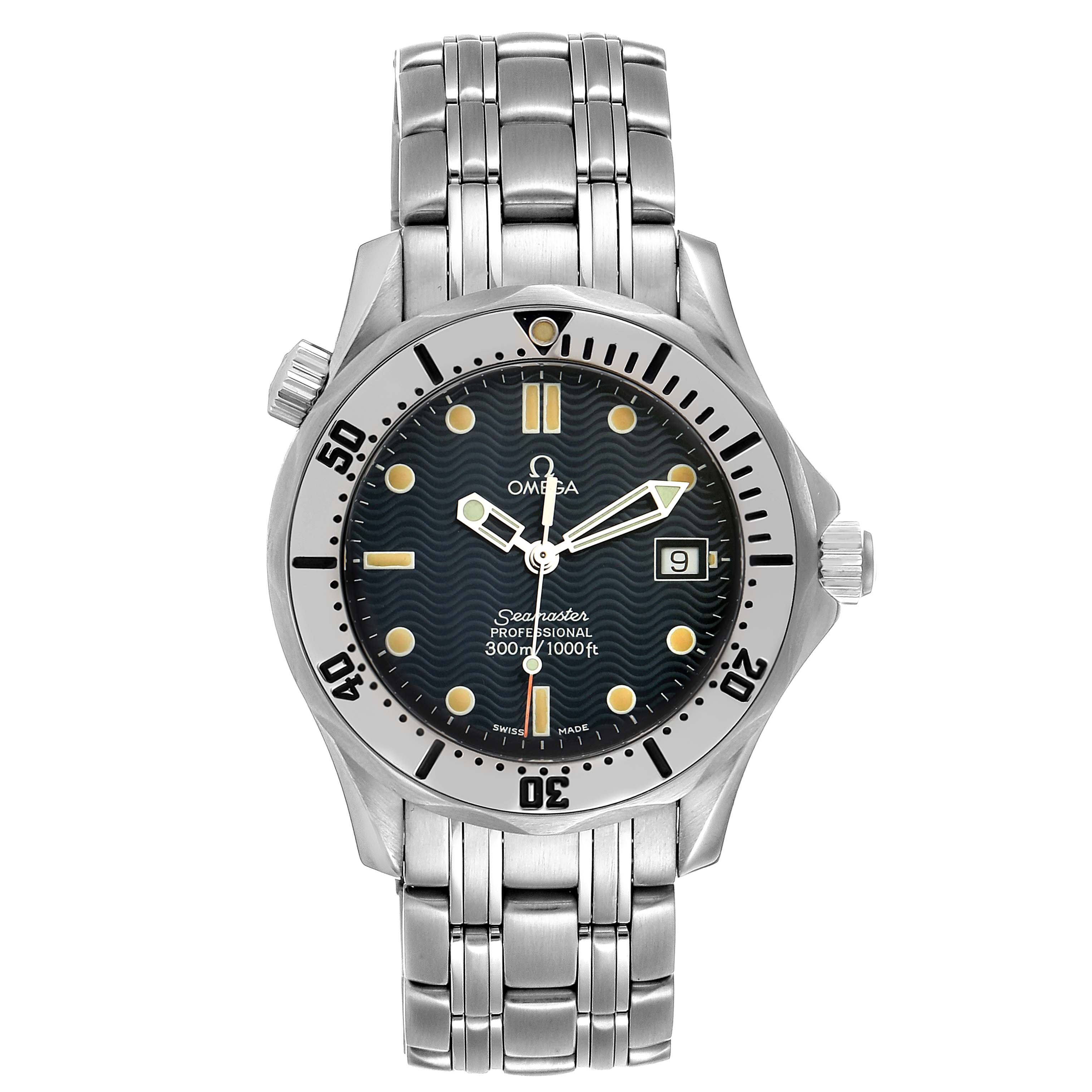 The image shows a front view of the Omega Seamaster 2562.80.00 Men
s Stainless Steel Blue Dial 2562.80.00 Men
s Stainless Steel Blue Dial watch, displaying the dial, bezel, crown, and stainless steel bracelet.