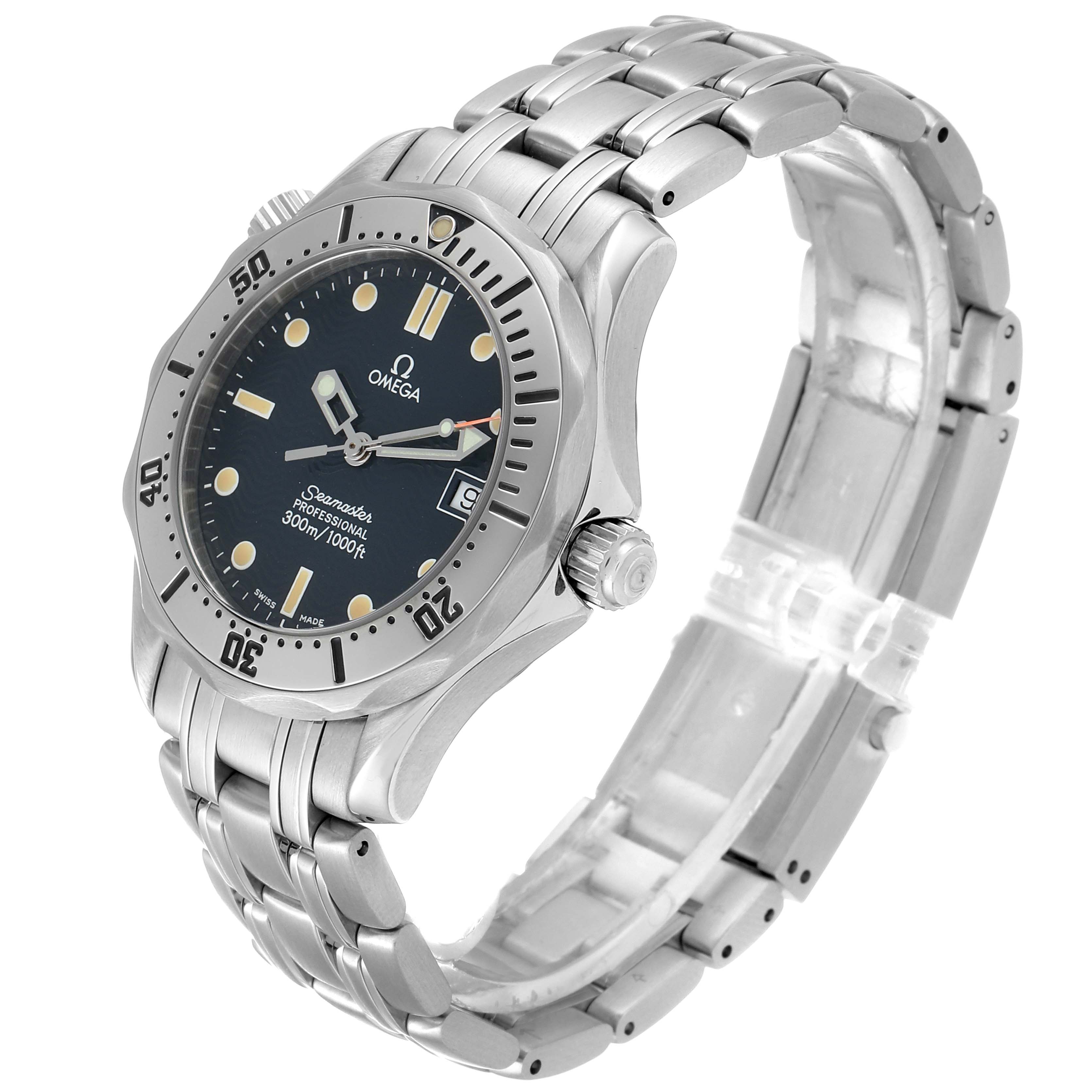 The image shows an Omega Seamaster 2562.80.00 Men
s Stainless Steel Blue Dial 2562.80.00 Men
s Stainless Steel Blue Dial watch with a stainless steel bracelet, bezel, and crown at an angle showing both face and bracelet details.