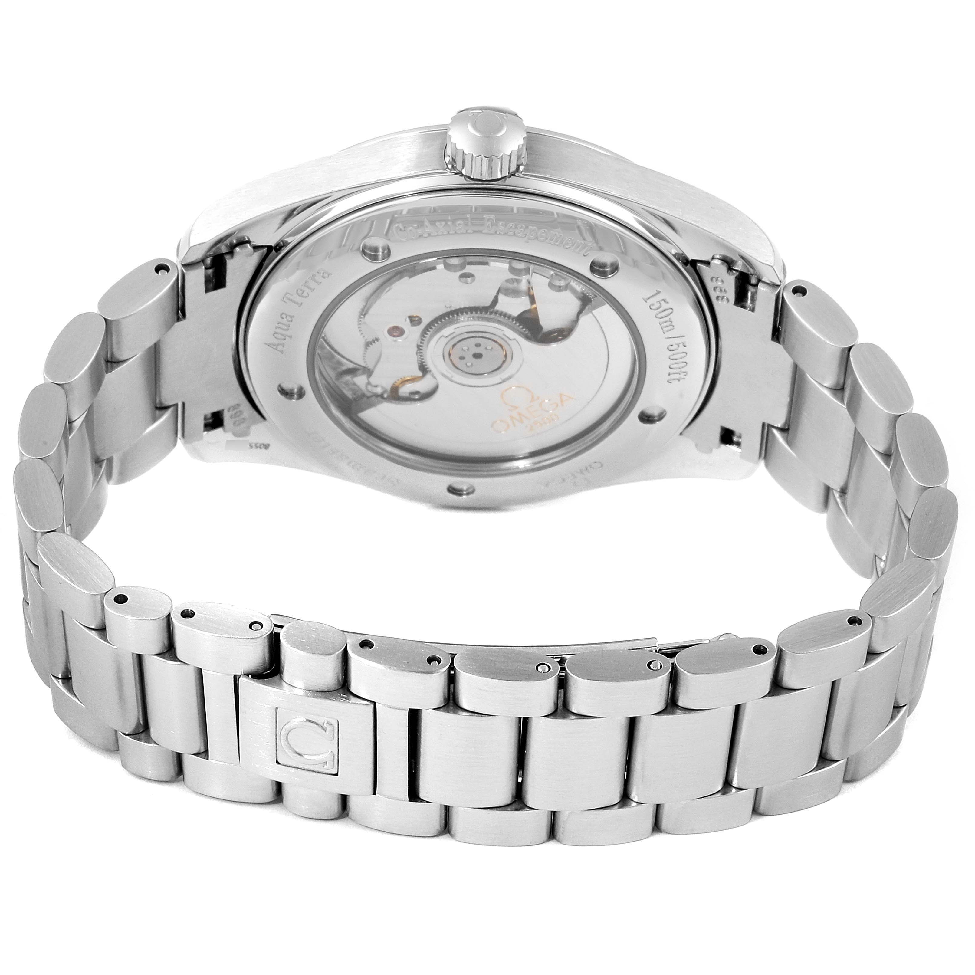 The image shows the back view of the Omega Aqua Terra 2503.80.00 Men's Stainless Steel Blue Dial 2503.80.00 Men's Stainless Steel Blue Dial watch, featuring its transparent case back and stainless steel bracelet.