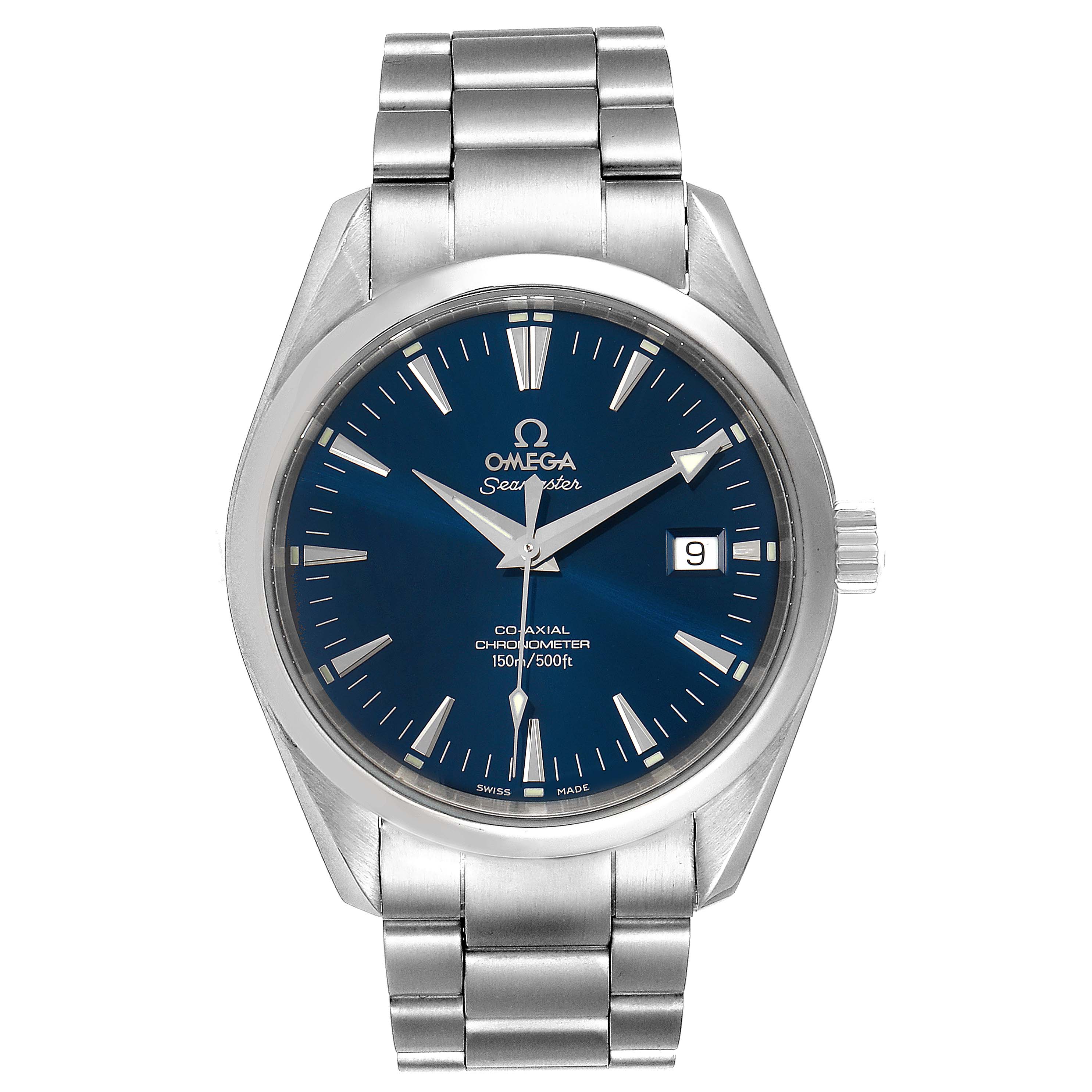 The image shows the front view of the Omega Seamaster Aqua Terra watch, featuring its blue dial, date display, and stainless steel bracelet.