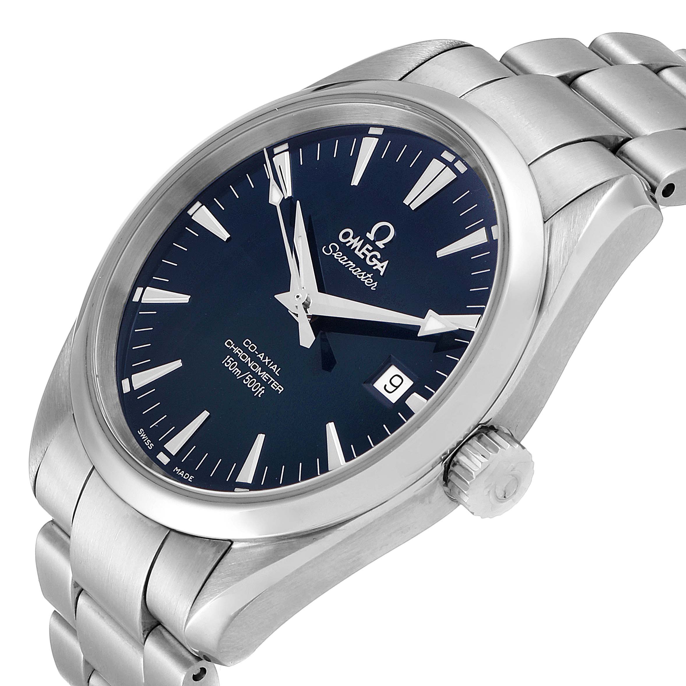 The image shows an angled view of the Omega Aqua Terra 2503.80.00 Men's Stainless Steel Blue Dial 2503.80.00 Men's Stainless Steel Blue Dial watch, highlighting its face, bezel, crown, and bracelet.