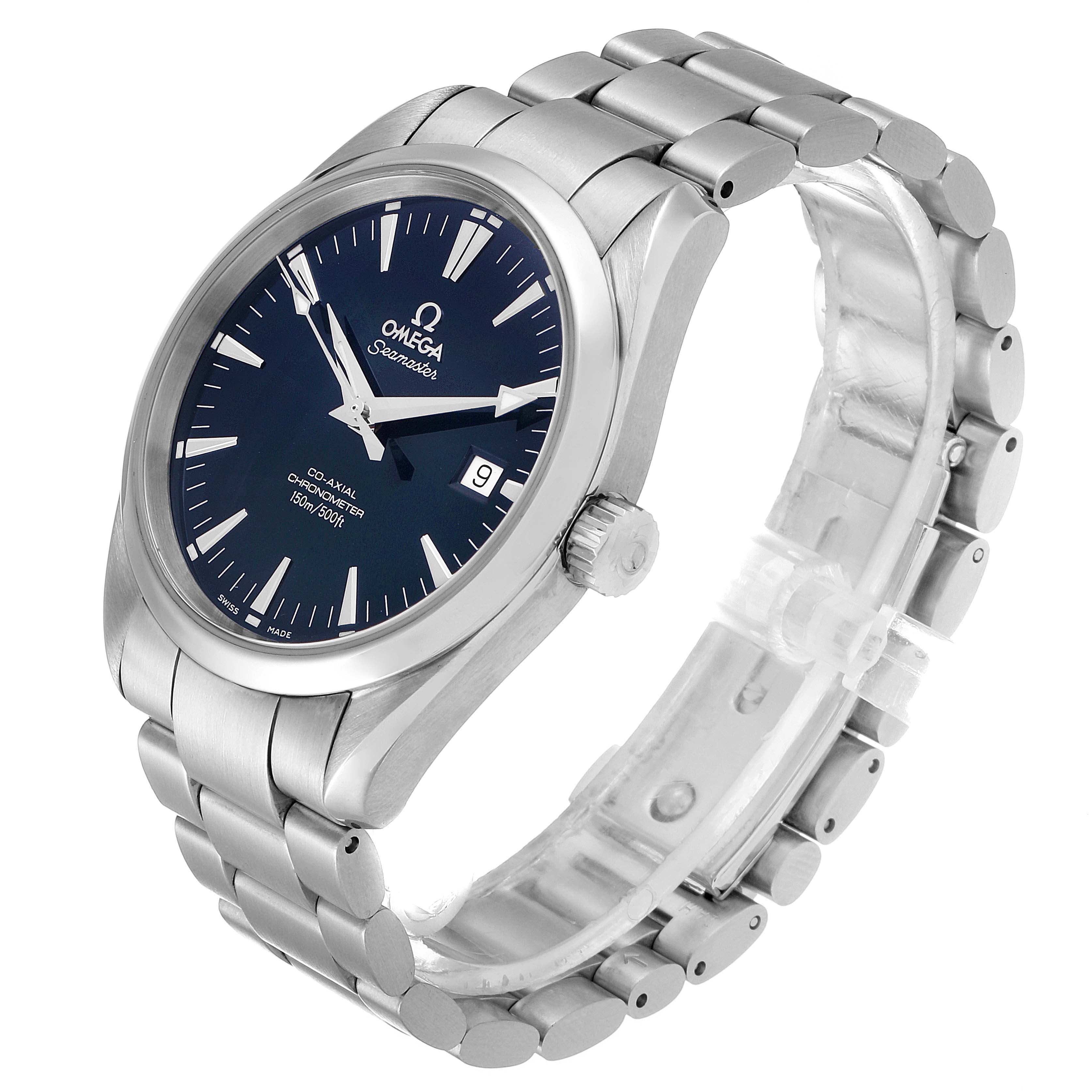 The Omega Aqua Terra 2503.80.00 Men's Stainless Steel Blue Dial 2503.80.00 Men's Stainless Steel Blue Dial watch is shown at an angle highlighting its face, crown, and stainless steel bracelet.