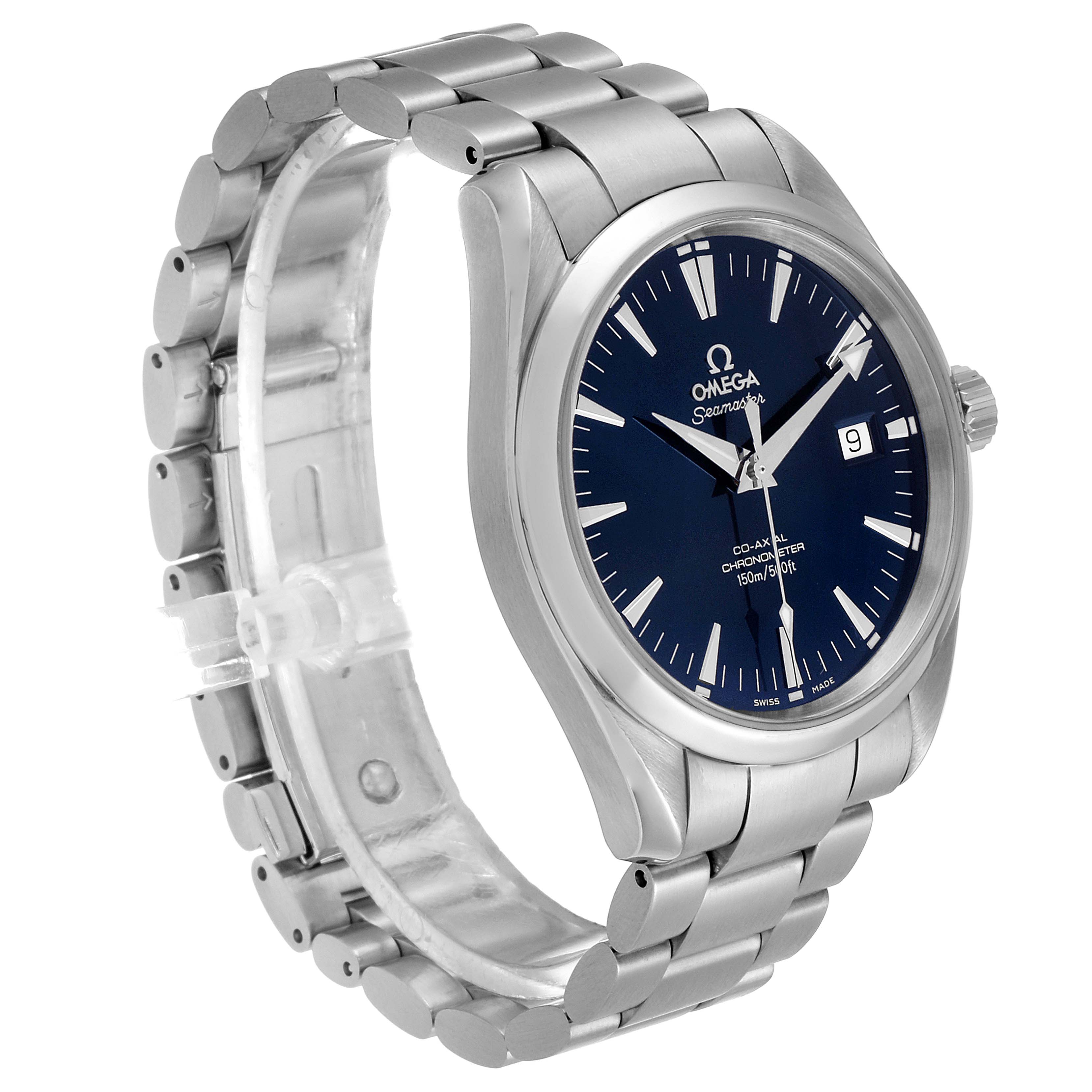 The image shows a side angle of the Omega Aqua Terra 2503.80.00 Men's Stainless Steel Blue Dial 2503.80.00 Men's Stainless Steel Blue Dial, highlighting the watch face, bezel, crown, and metal bracelet.