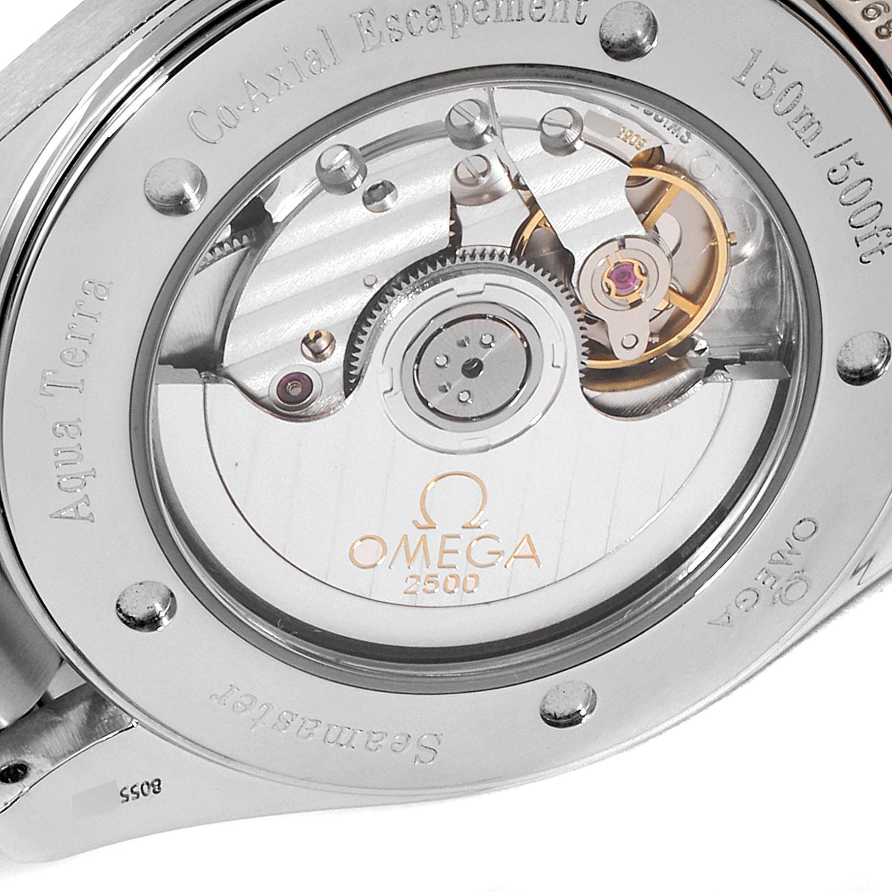 The image shows the back view of the Omega Aqua Terra 2503.80.00 Men's Stainless Steel Blue Dial 2503.80.00 Men's Stainless Steel Blue Dial watch, revealing its movement and inscriptions.