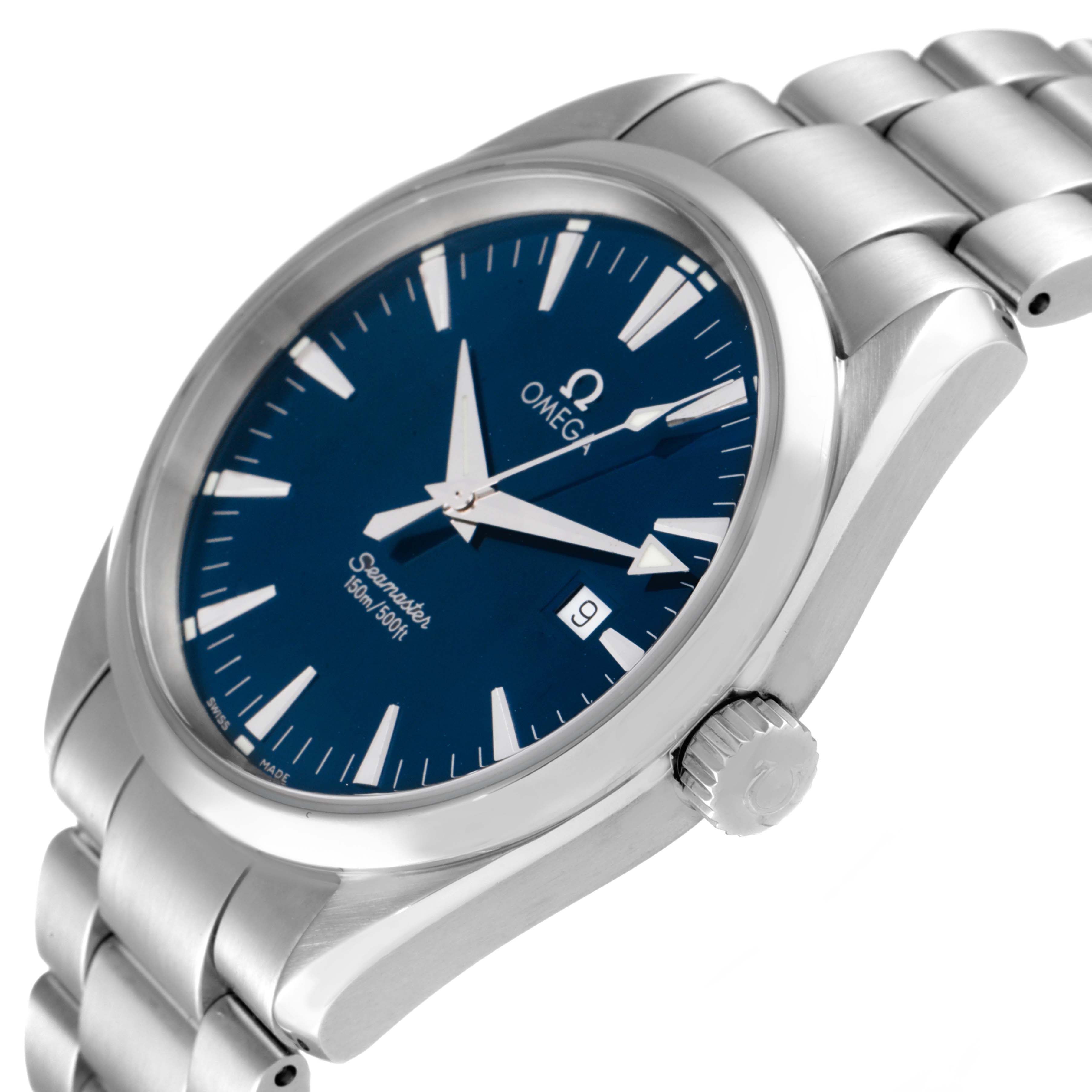 The image shows an Omega Aqua Terra 2517.80.00 Men's Stainless Steel Blue Dial 2517.80.00 Men's Stainless Steel Blue Dial watch from a side angle, featuring its blue dial, crown, and stainless steel bracelet.