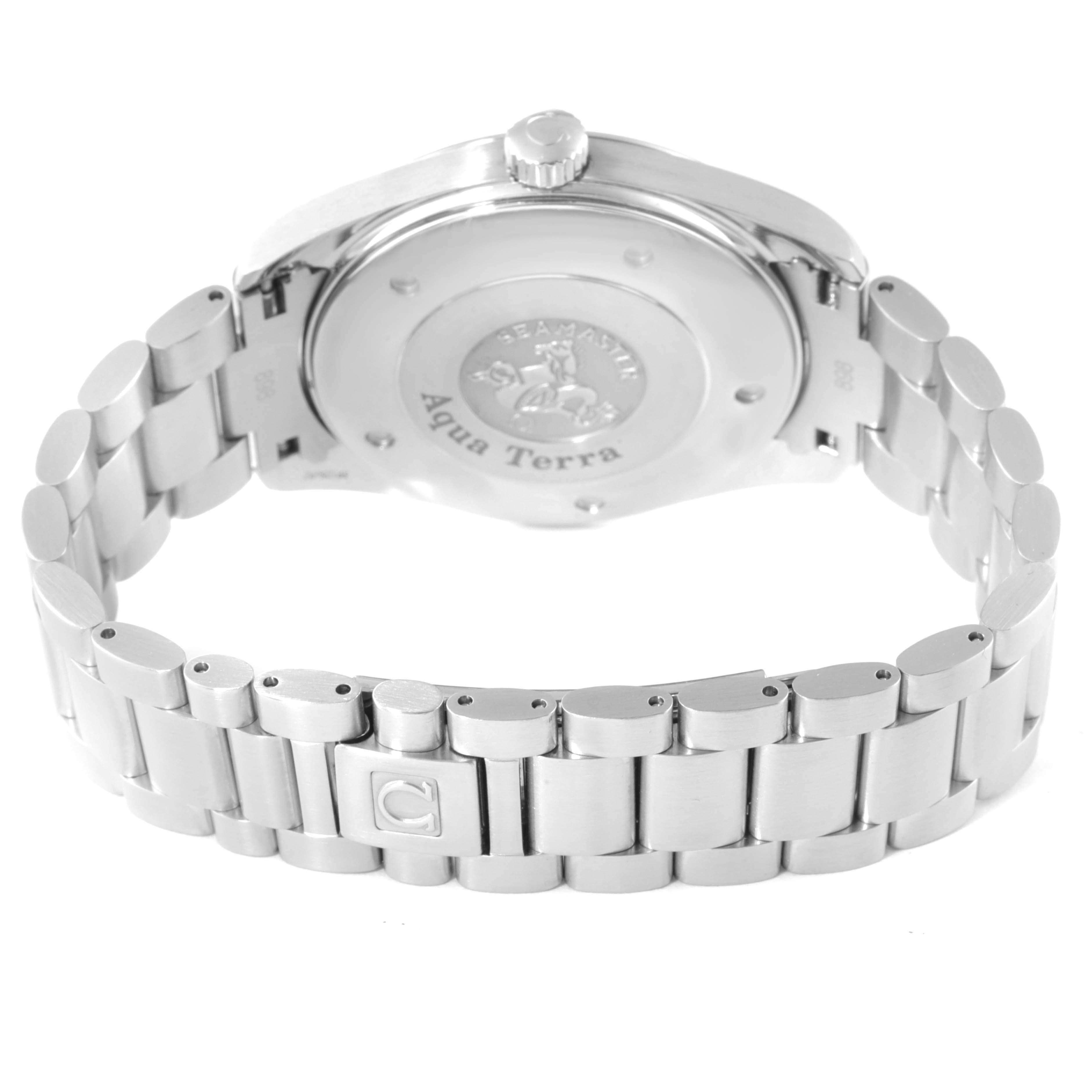 The image shows the back case and metal bracelet of an Omega Aqua Terra 2517.80.00 Men's Stainless Steel Blue Dial 2517.80.00 Men's Stainless Steel Blue Dial watch from a rear angle.