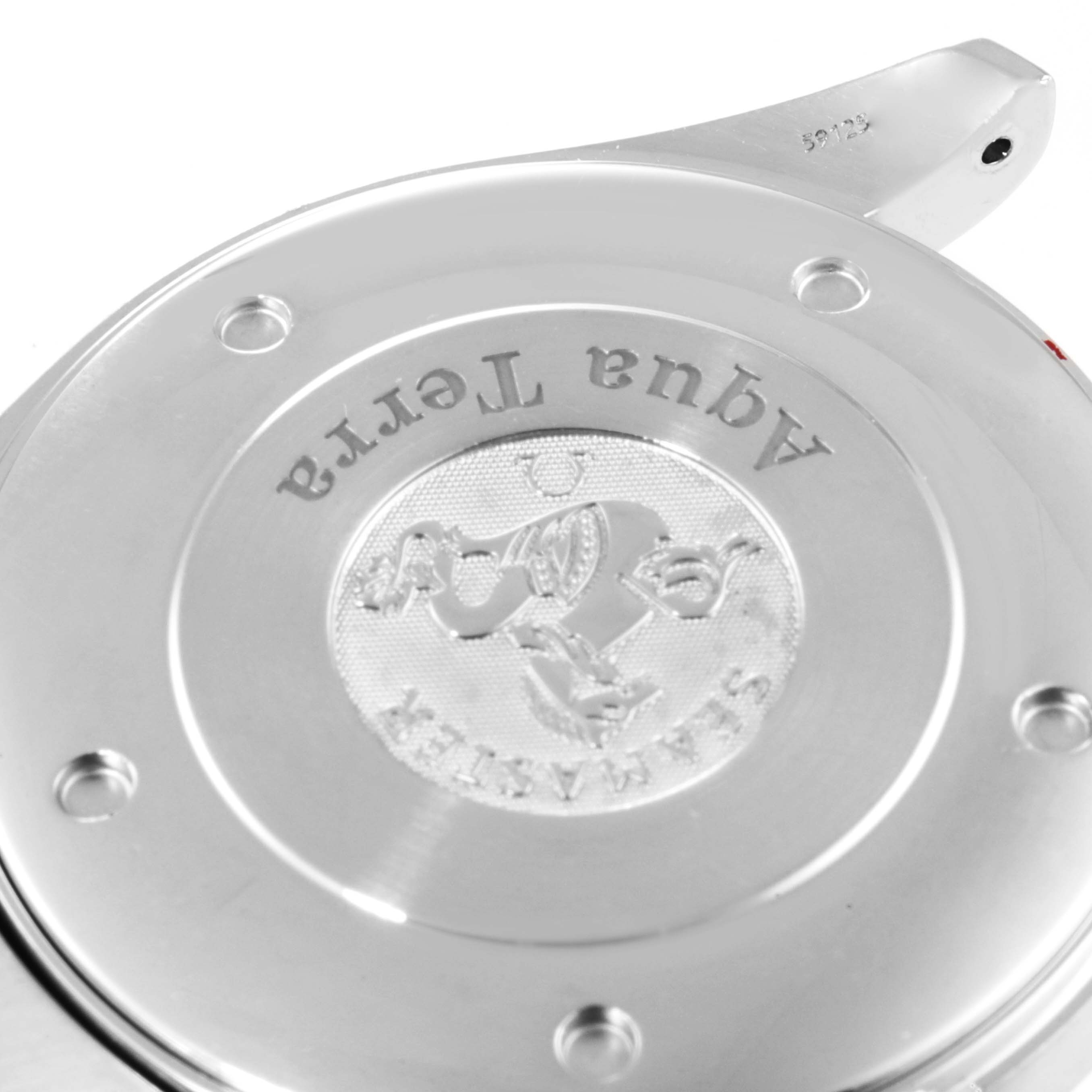 This image shows the engraved caseback of an Omega Aqua Terra 2517.80.00 Men's Stainless Steel Blue Dial 2517.80.00 Men's Stainless Steel Blue Dial watch at a slightly tilted angle.