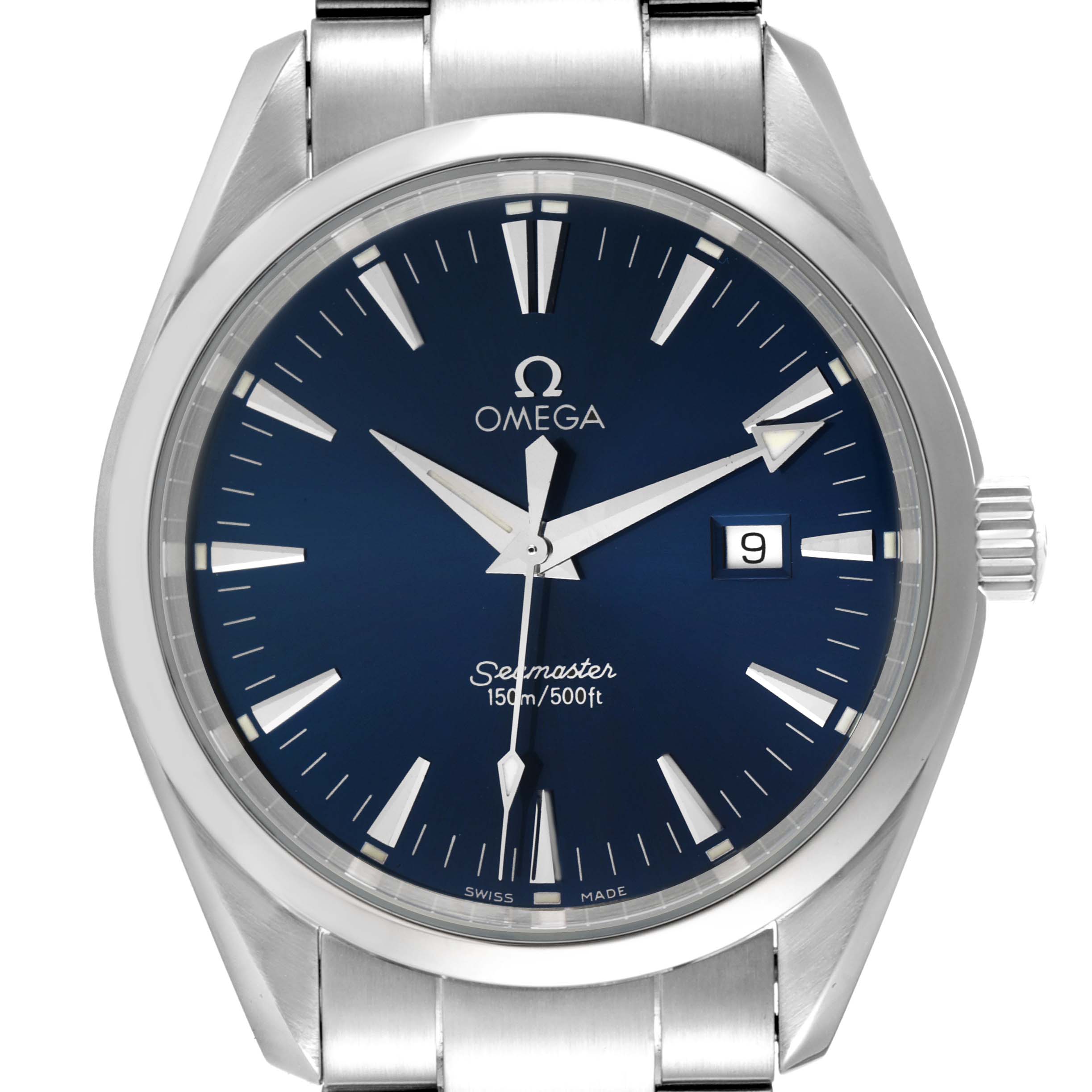 The image shows a front view of the Omega Aqua Terra 2517.80.00 Men's Stainless Steel Blue Dial 2517.80.00 Men's Stainless Steel Blue Dial model watch with a blue dial and date window at 3 o'clock.