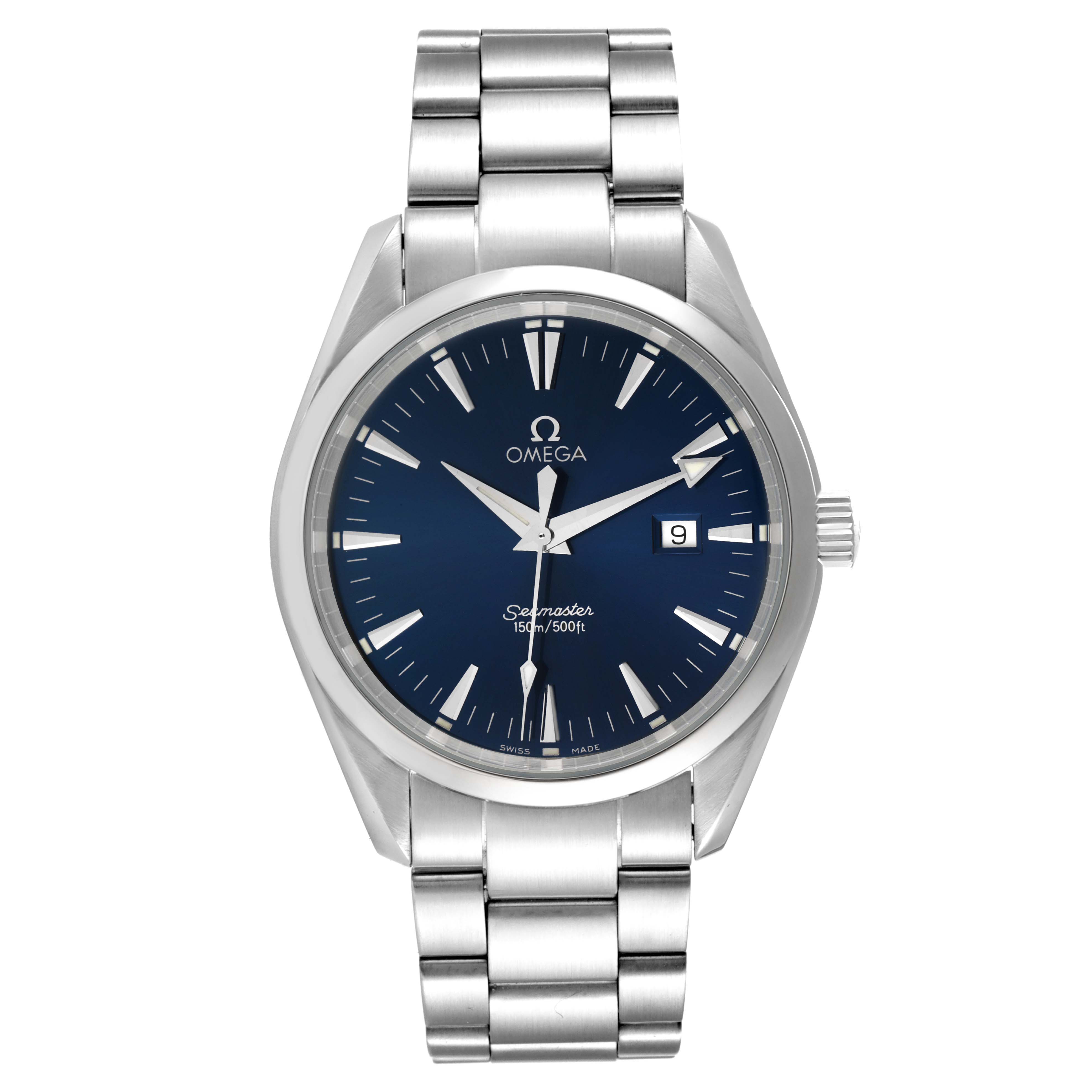 The Omega Aqua Terra 2517.80.00 Men's Stainless Steel Blue Dial 2517.80.00 Men's Stainless Steel Blue Dial watch is shown from a top-down angle, featuring its face, bracelet, and crown.