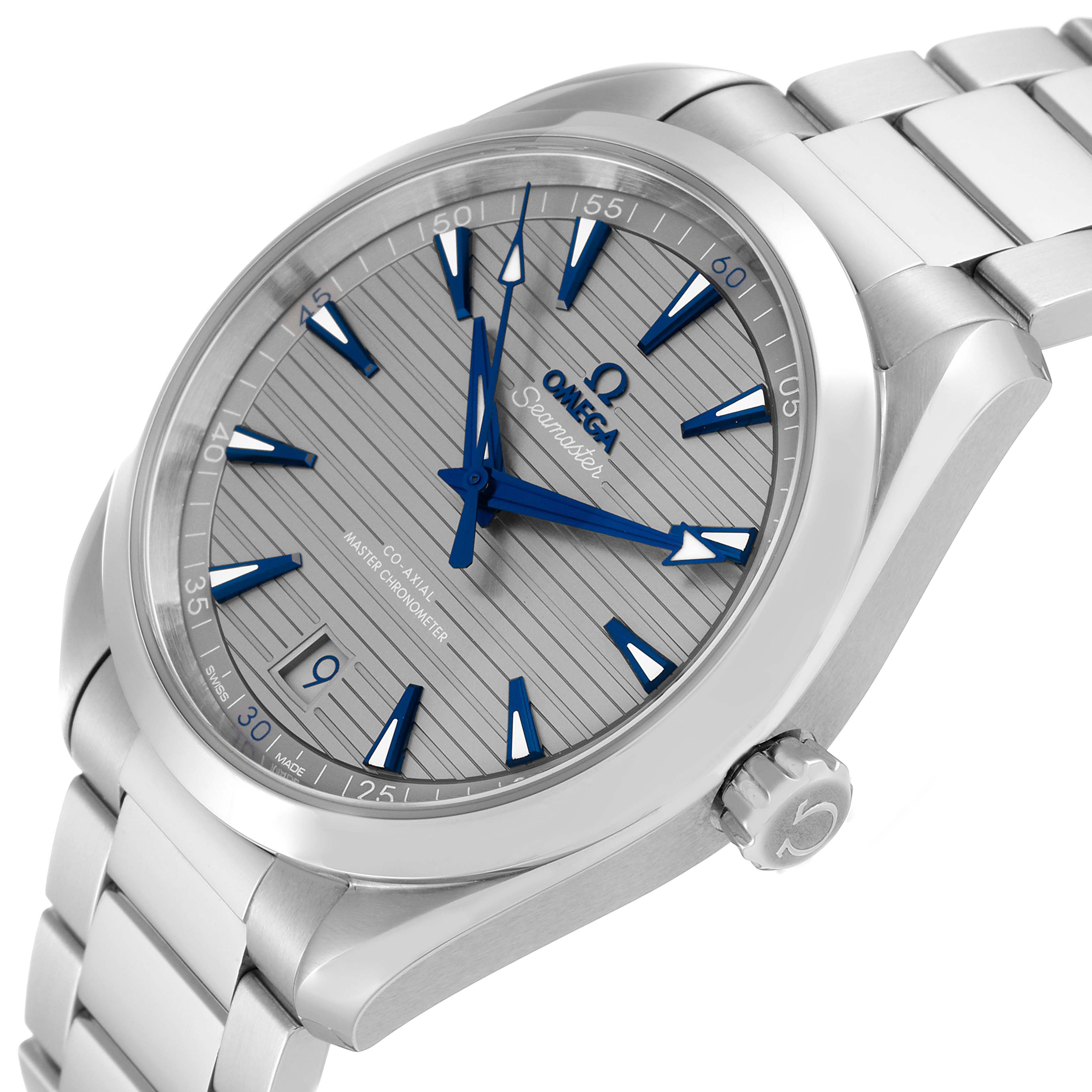 This image shows a side-angle view of an Omega Aqua Terra 220.10.41.21.06.001 Men's Stainless Steel Grey Dial 220.10.41.21.06.001 Men's Stainless Steel Grey Dial watch, highlighting the dial, hands, markers, and part of the bracelet.