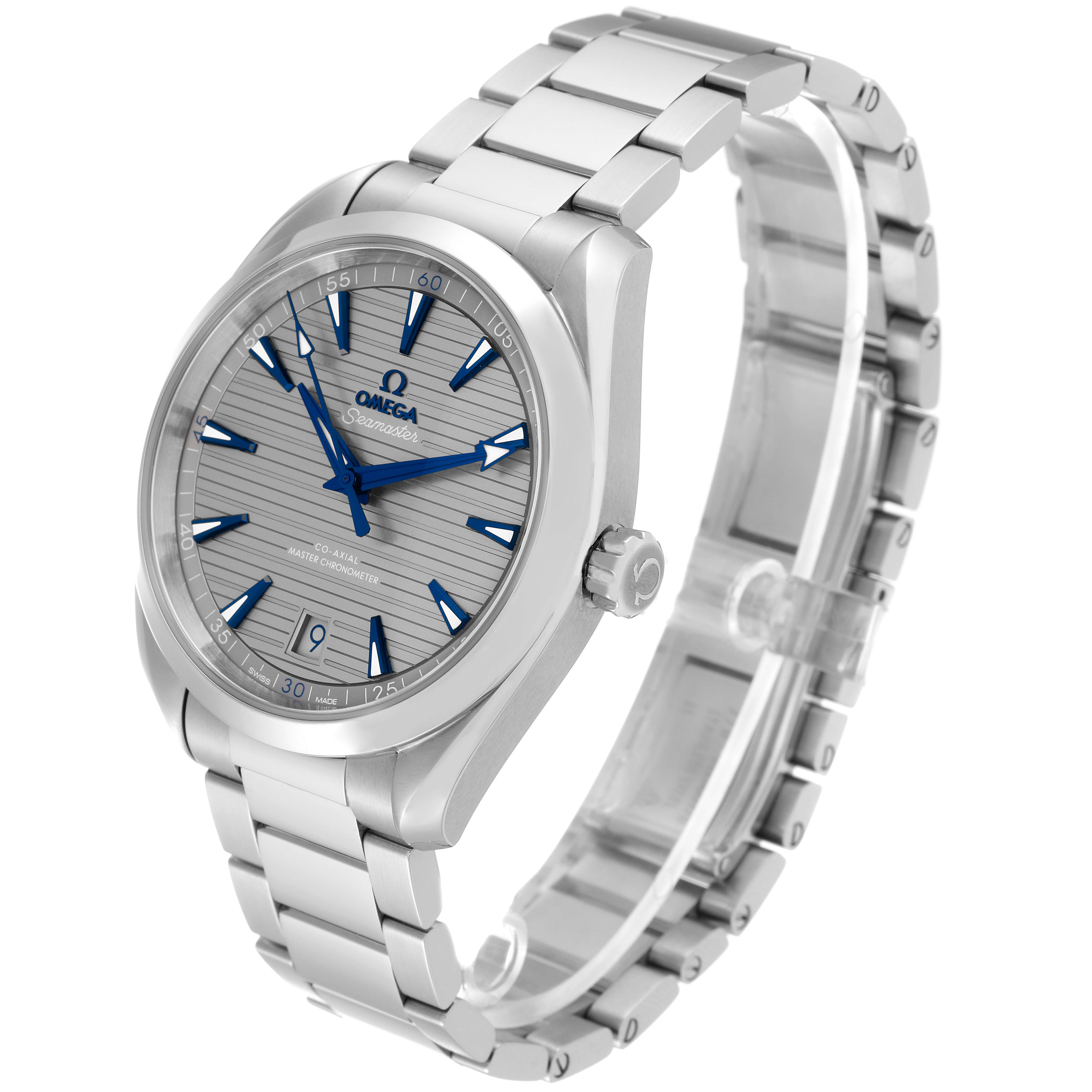 The Omega Aqua Terra 220.10.41.21.06.001 Men's Stainless Steel Grey Dial 220.10.41.21.06.001 Men's Stainless Steel Grey Dial watch is shown at a three-quarter angle, displaying the face, band, and crown.