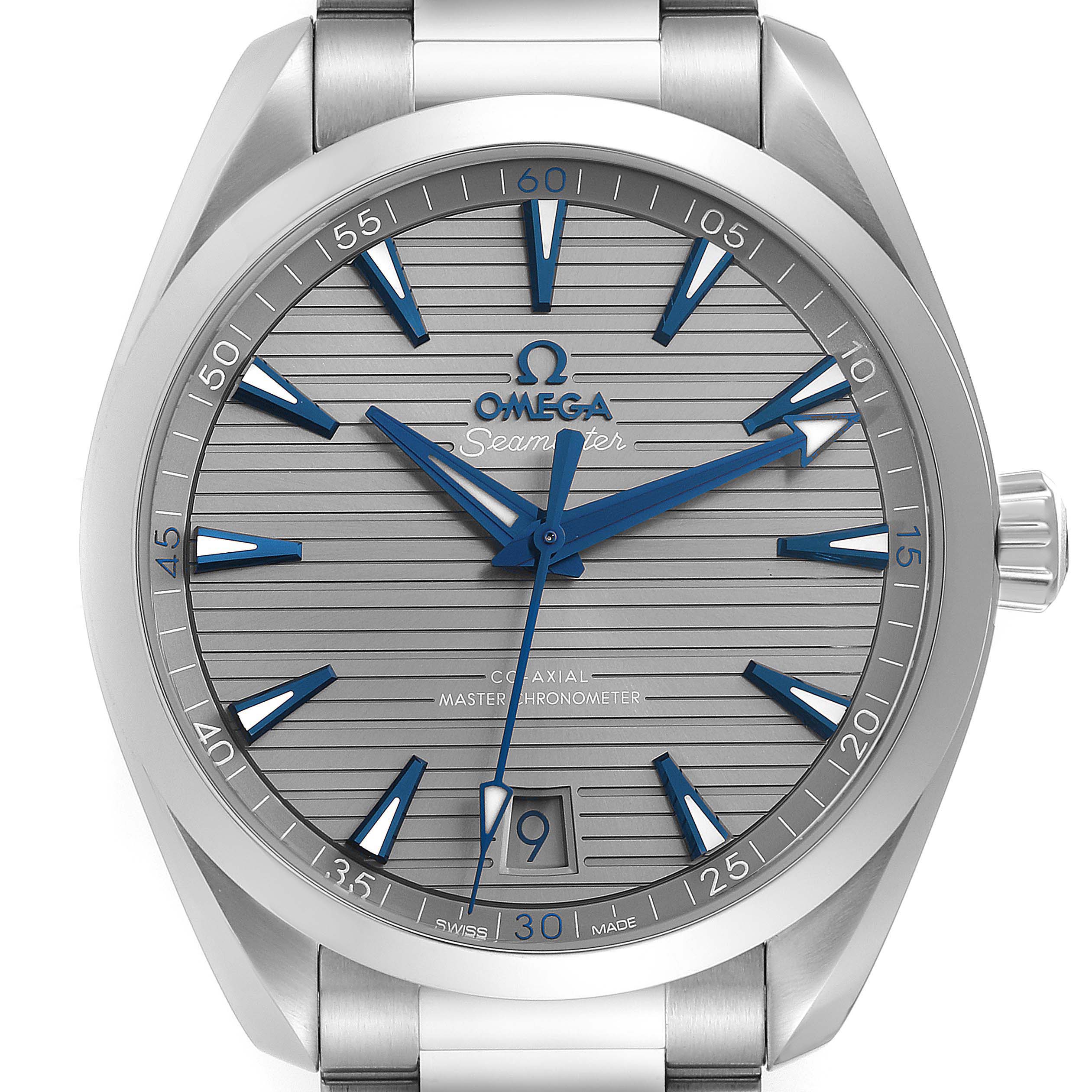 The Omega Aqua Terra 220.10.41.21.06.001 Men's Stainless Steel Grey Dial 220.10.41.21.06.001 Men's Stainless Steel Grey Dial watch is shown from the front, highlighting its dial, hands, markers, date window, and part of the bracelet. 
