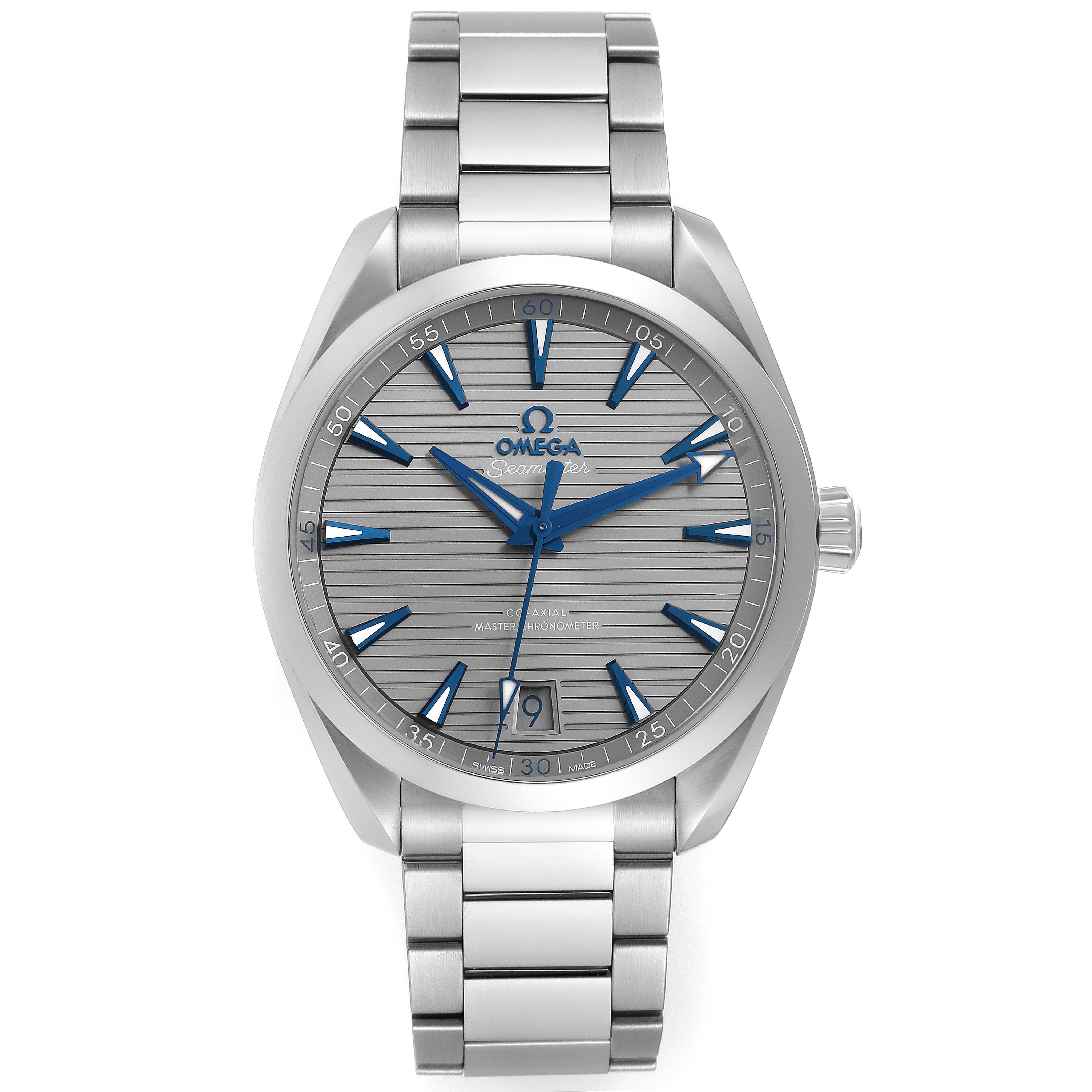 The image is a front view of the Omega Aqua Terra 220.10.41.21.06.001 Men's Stainless Steel Grey Dial 220.10.41.21.06.001 Men's Stainless Steel Grey Dial watch, showing the face, hands, date window, and bracelet.