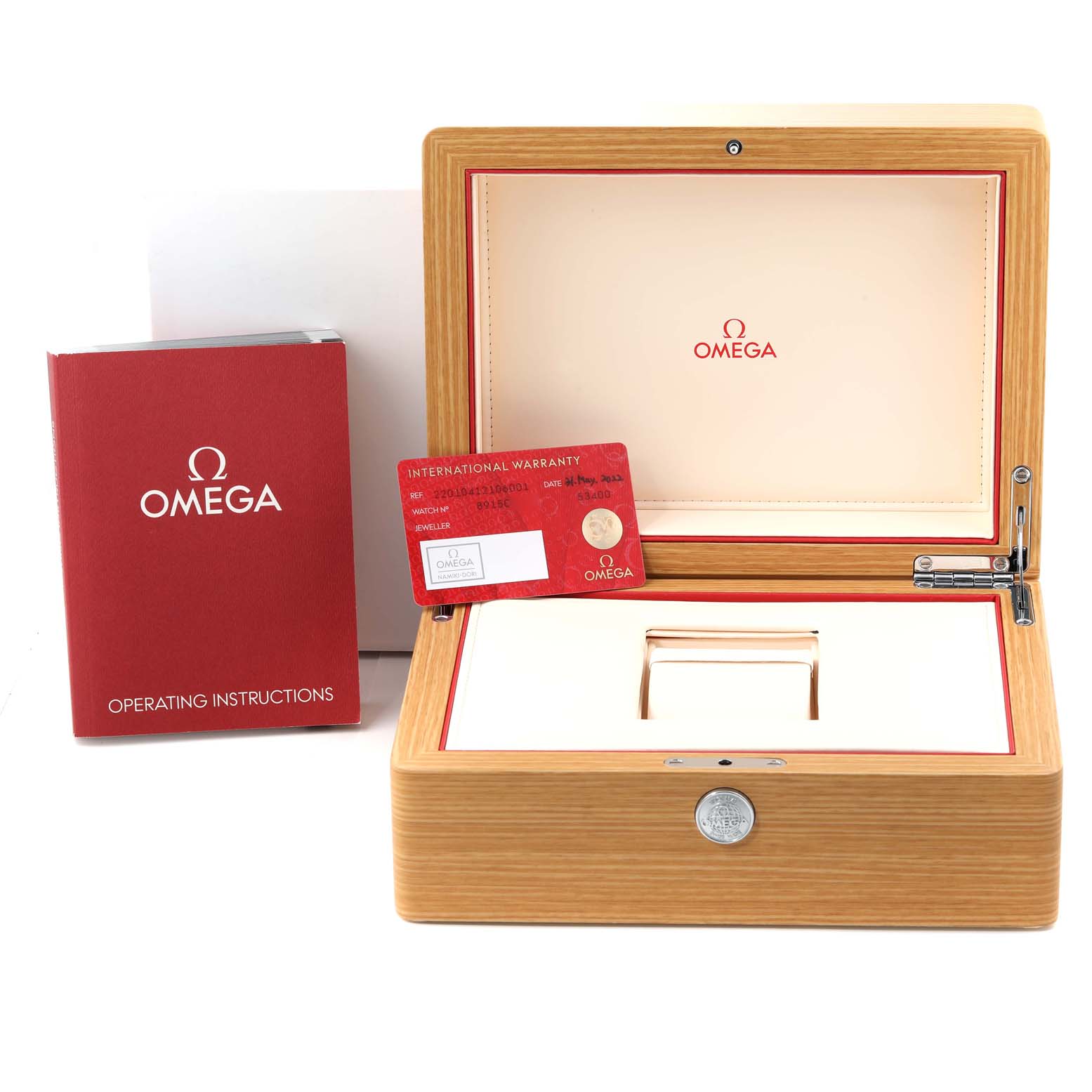 The image shows the packaging for the Omega Aqua Terra 220.10.41.21.06.001 Men's Stainless Steel Grey Dial 220.10.41.21.06.001 Men's Stainless Steel Grey Dial watch, including the wooden box, warranty card, and operating instructions.