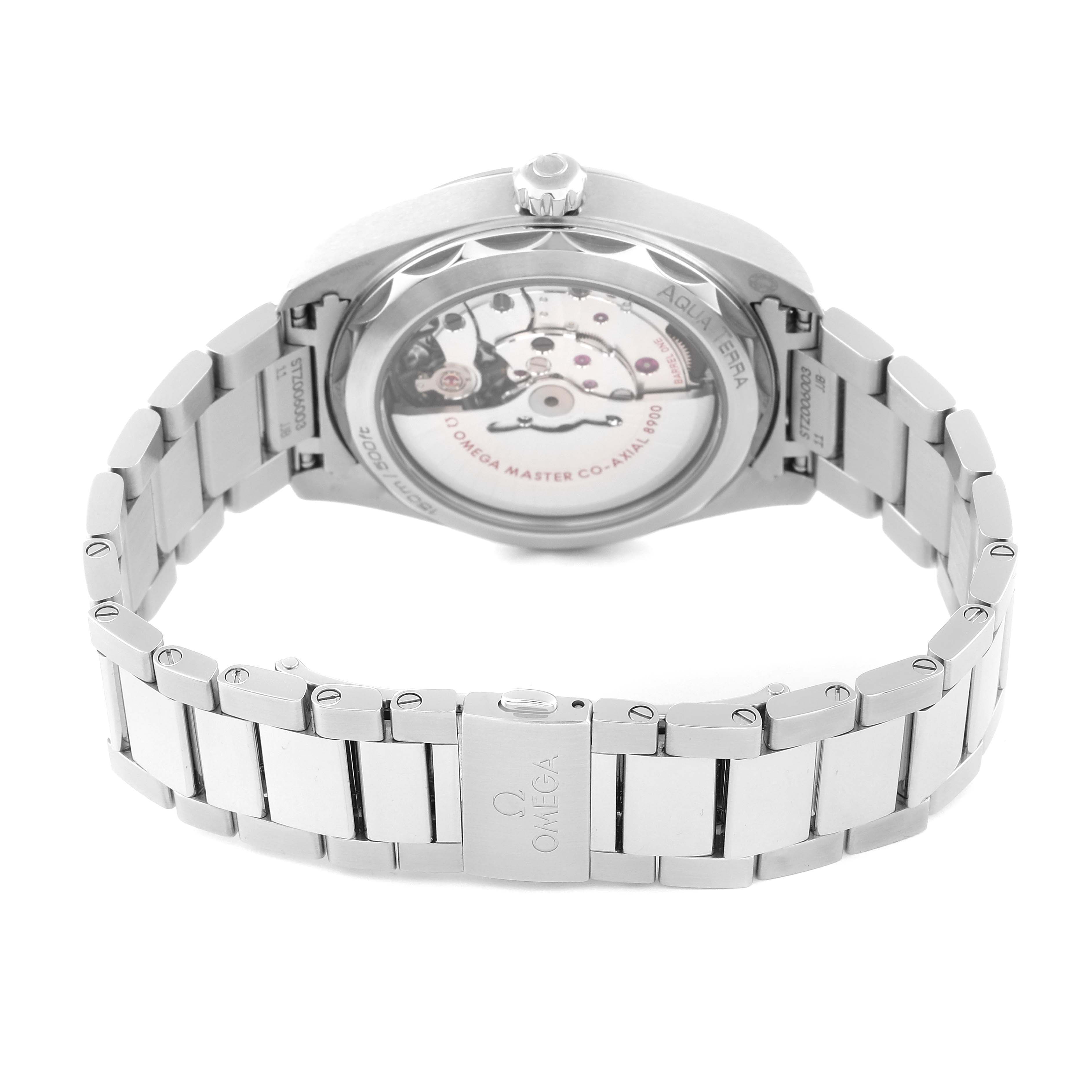 The watch, Omega Aqua Terra 220.10.41.21.06.001 Men's Stainless Steel Grey Dial 220.10.41.21.06.001 Men's Stainless Steel Grey Dial model, is shown from the back, displaying its transparent case back and metal bracelet.