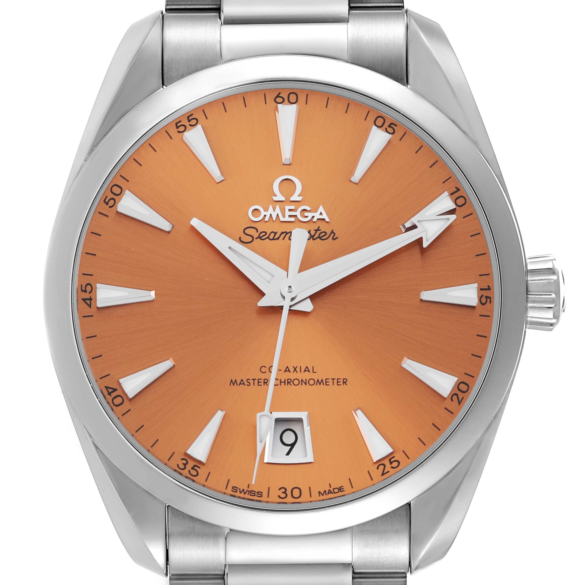 The Omega Aqua Terra 220.10.38.20.12.001 Men's Stainless Steel Pink Dial 220.10.38.20.12.001 Men's Stainless Steel Pink Dial watch is shown from the front, highlighting its orange dial, three hands, date window, and stainless steel bracelet.