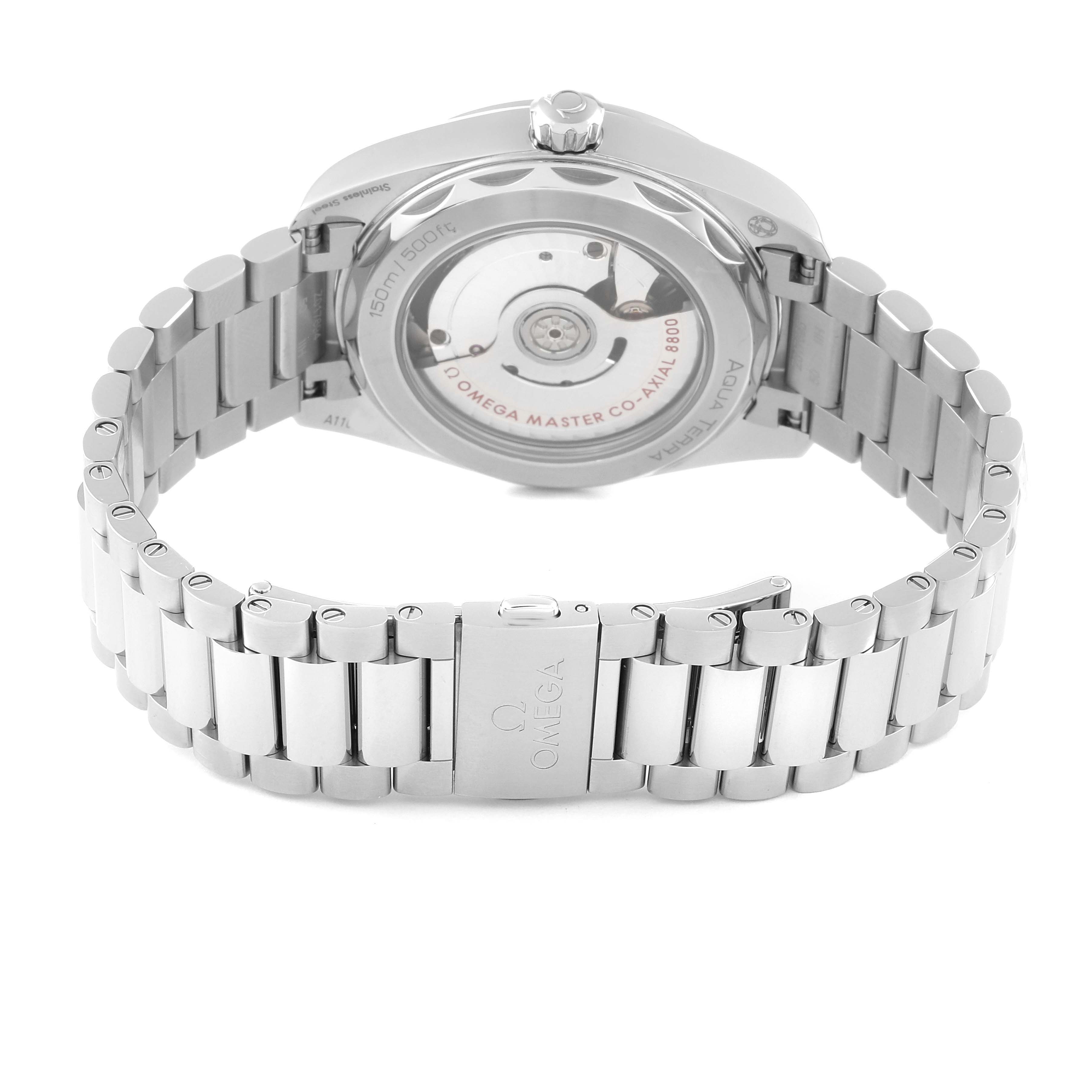 The image shows the back view of the Omega Aqua Terra 220.10.38.20.12.001 Men's Stainless Steel Pink Dial 220.10.38.20.12.001 Men's Stainless Steel Pink Dial watch, focusing on the metal bracelet and the watch's exposed movement.