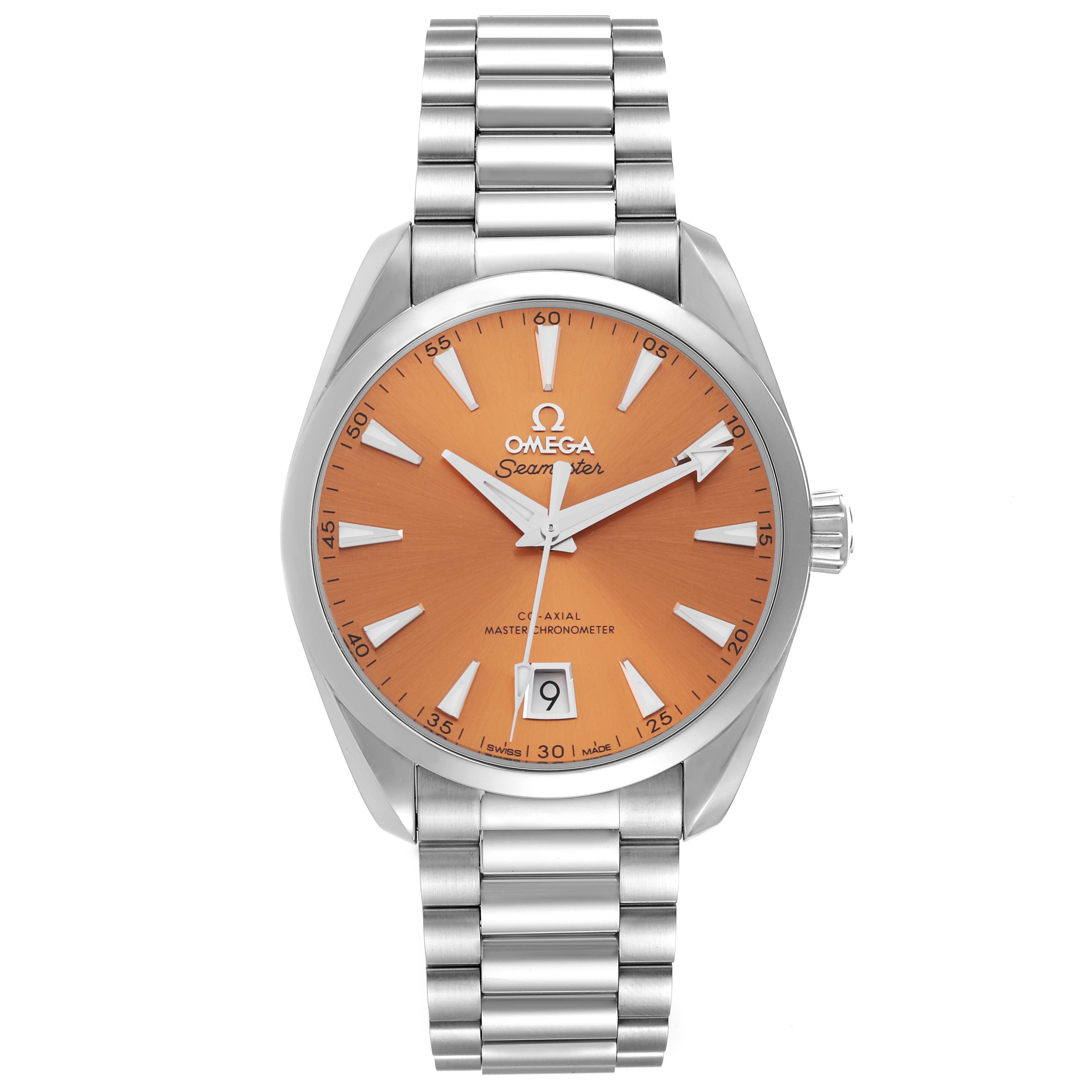 The image shows a front view of an Omega Aqua Terra 220.10.38.20.12.001 Men's Stainless Steel Pink Dial 220.10.38.20.12.001 Men's Stainless Steel Pink Dial watch with an orange dial and a metal bracelet.