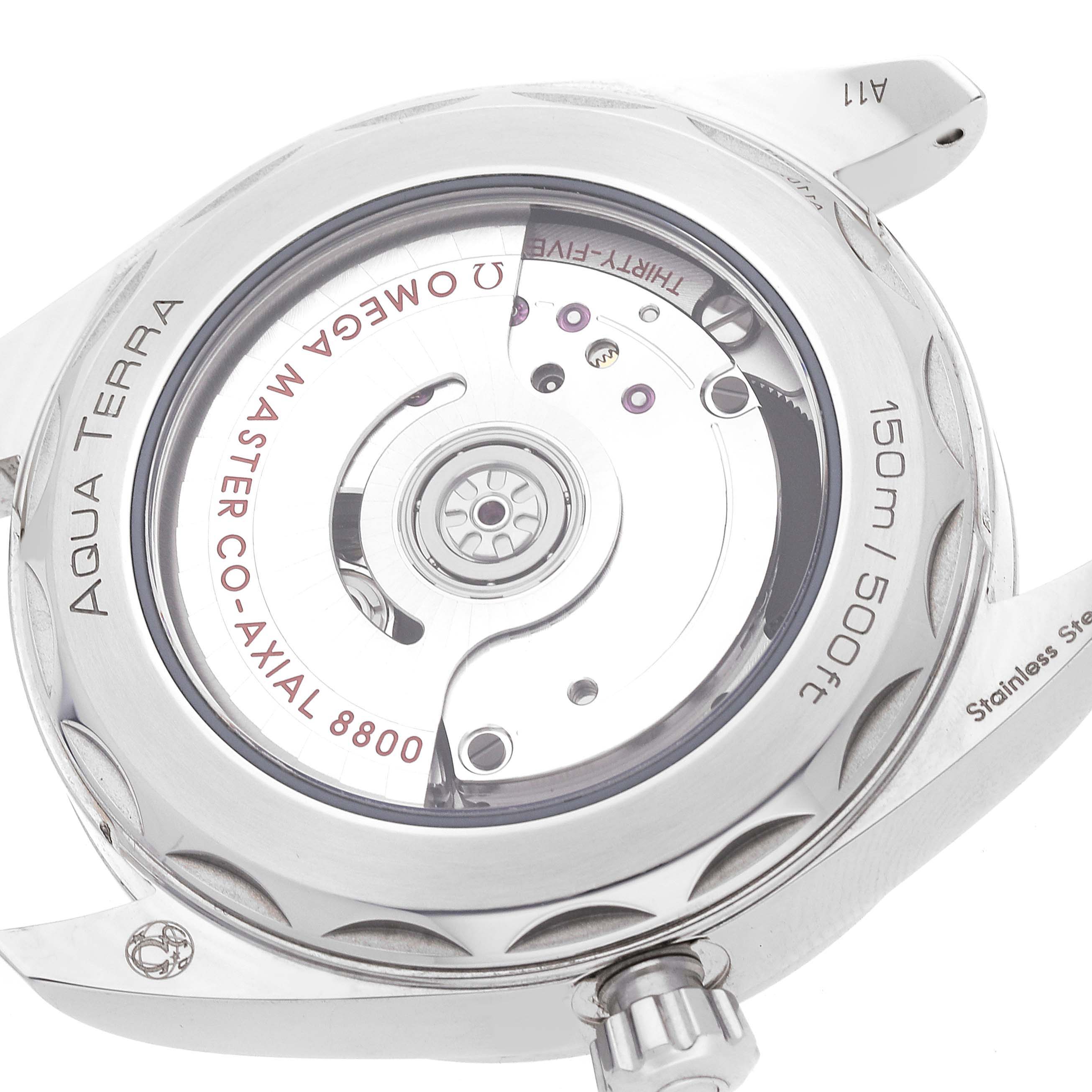 This image shows the back view of the Omega Aqua Terra 220.10.38.20.12.001 Men's Stainless Steel Pink Dial 220.10.38.20.12.001 Men's Stainless Steel Pink Dial watch, showcasing its Master Co-Axial 8800 movement.