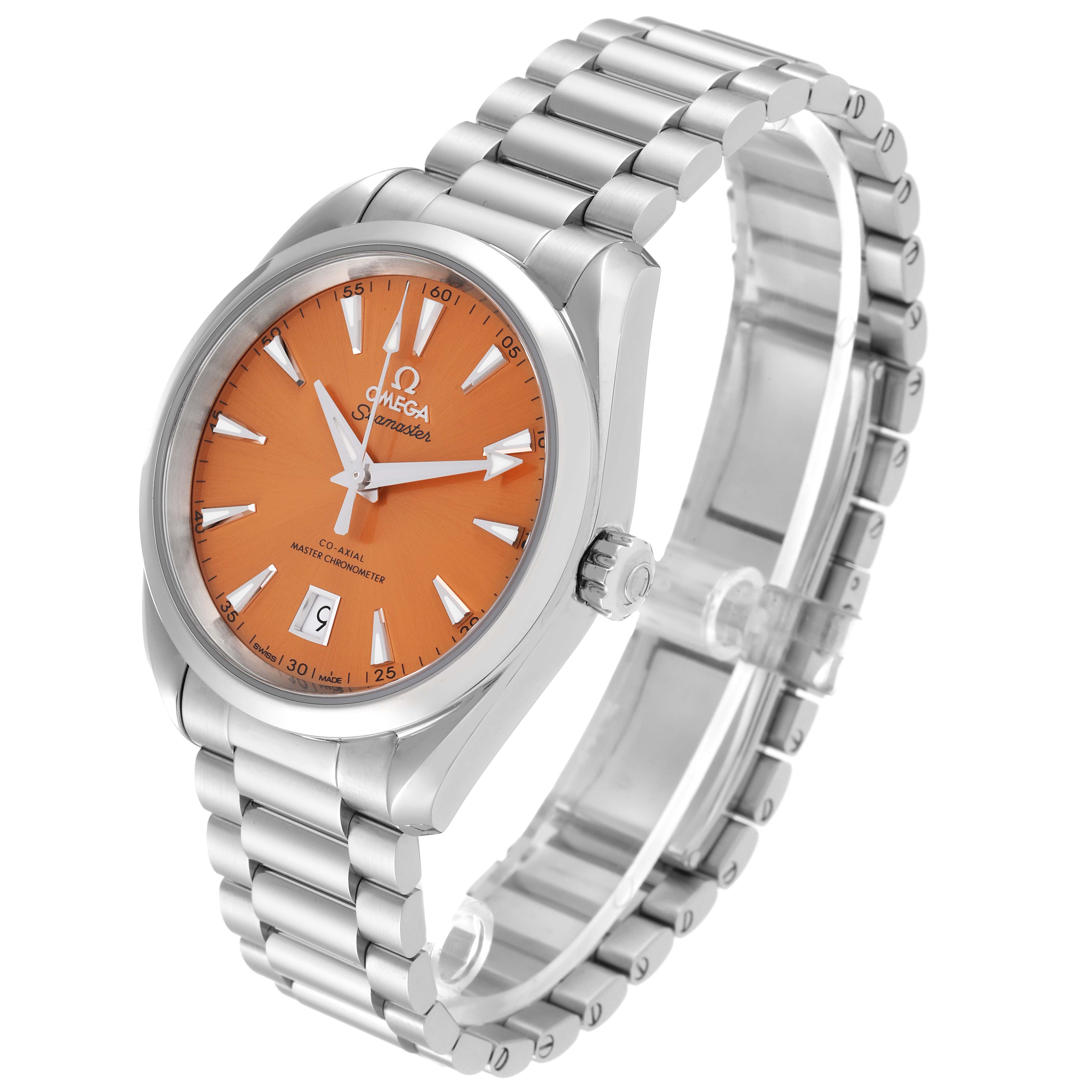 The Omega Aqua Terra 220.10.38.20.12.001 Men's Stainless Steel Pink Dial 220.10.38.20.12.001 Men's Stainless Steel Pink Dial watch is shown at an angle, displaying its orange dial, stainless steel case, crown, and bracelet.