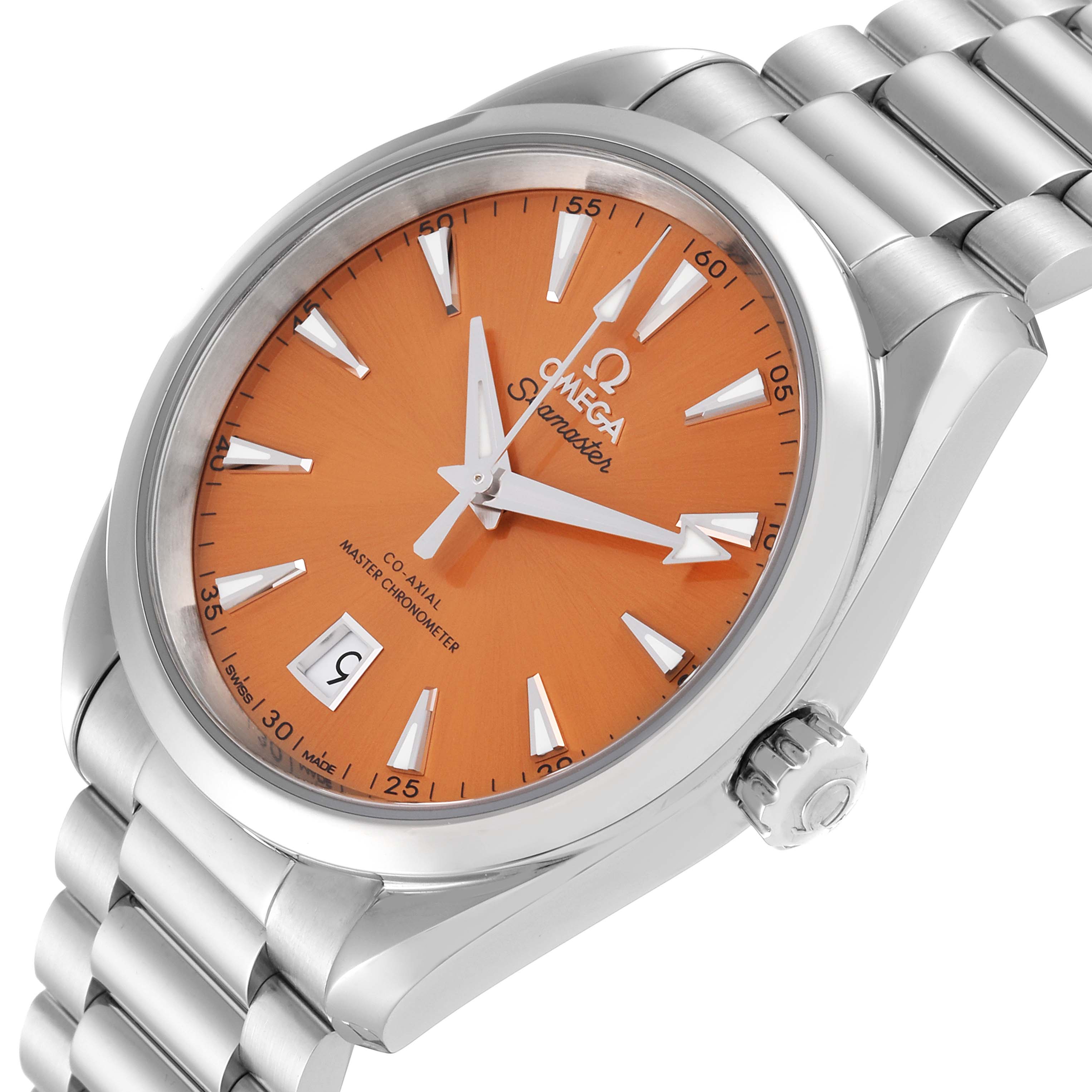 The image shows an angled view of the Omega Aqua Terra 220.10.38.20.12.001 Men's Stainless Steel Pink Dial 220.10.38.20.12.001 Men's Stainless Steel Pink Dial watch displaying its orange dial, stainless steel bracelet, date window, and crown.