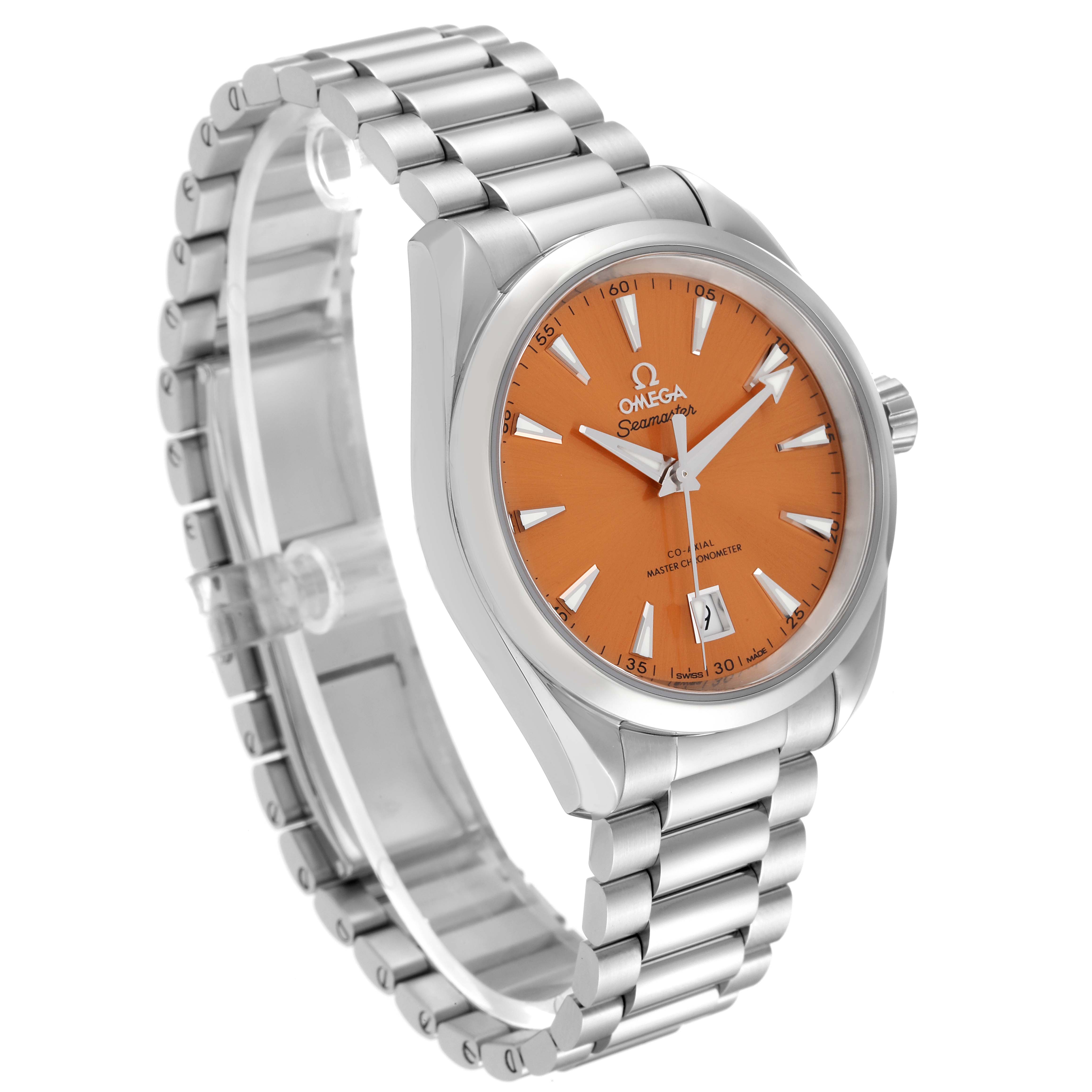 The image shows a side angle of the Omega Aqua Terra 220.10.38.20.12.001 Men's Stainless Steel Pink Dial 220.10.38.20.12.001 Men's Stainless Steel Pink Dial watch, displaying its orange dial, silver bracelet, and date feature.