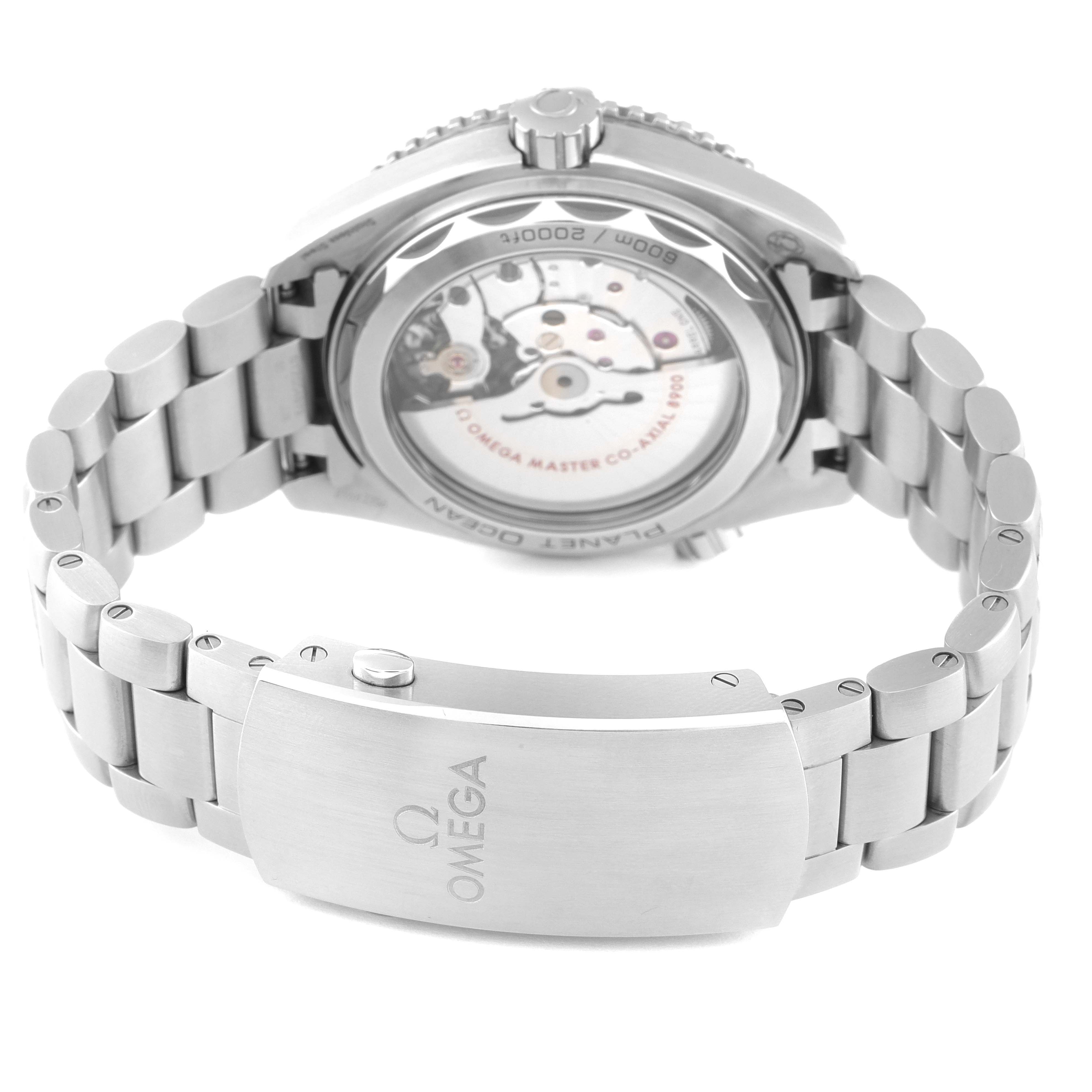 The image shows the back case and bracelet of the Omega Planet Ocean 215.30.44.21.01.001 Men's Stainless Steel Black Dial 215.30.44.21.01.001 Men's Stainless Steel Black Dial watch, highlighting its movement and clasp.