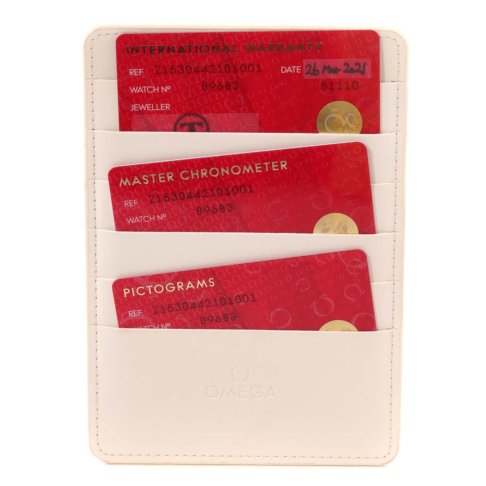 The image shows warranty cards for the Omega Planet Ocean 215.30.44.21.01.001 Men's Stainless Steel Black Dial 215.30.44.21.01.001 Men's Stainless Steel Black Dial model, displayed in a white cardholder.