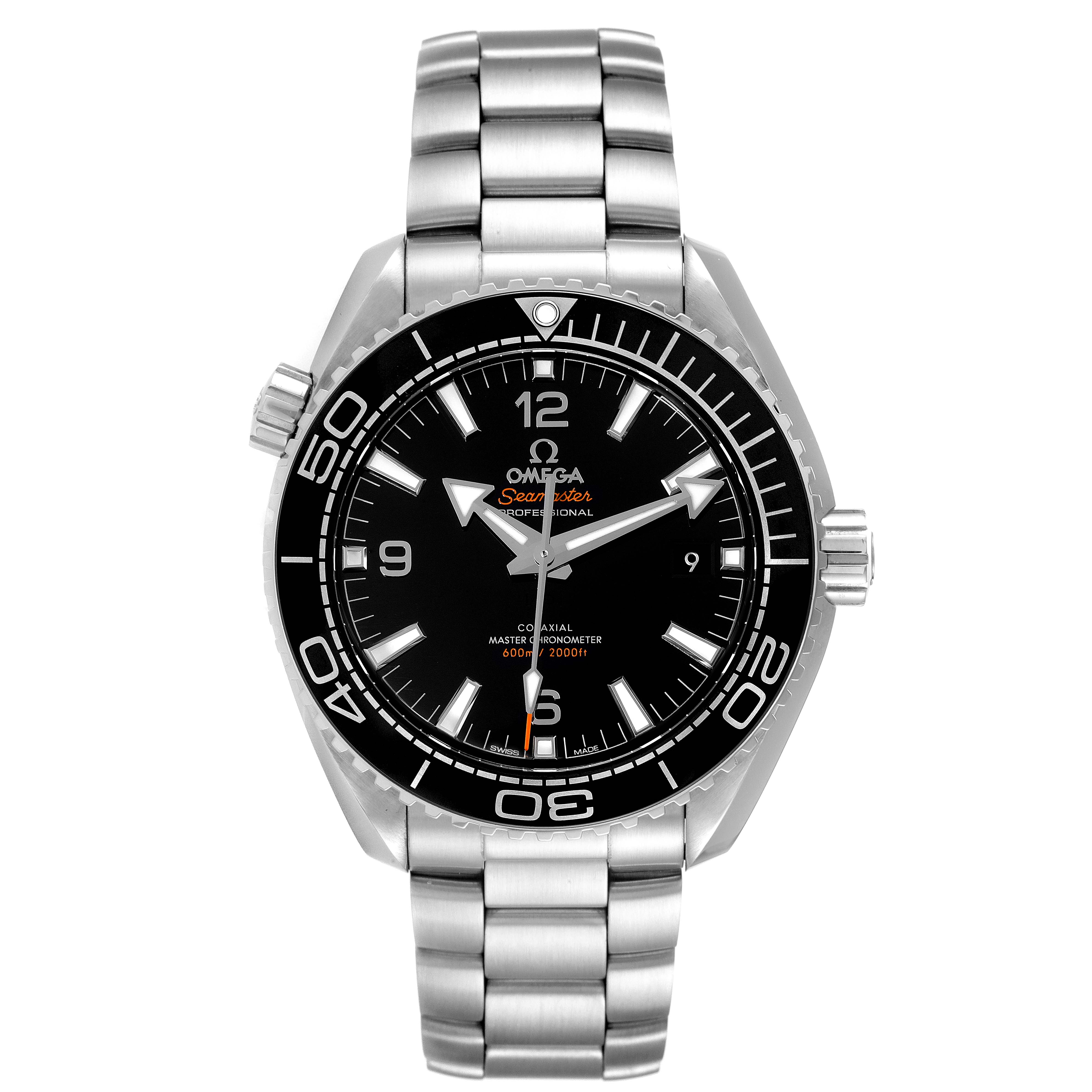 The image shows a front view of the Omega Planet Ocean 215.30.44.21.01.001 Men's Stainless Steel Black Dial 215.30.44.21.01.001 Men's Stainless Steel Black Dial watch, displaying its face, bezel, and bracelet.