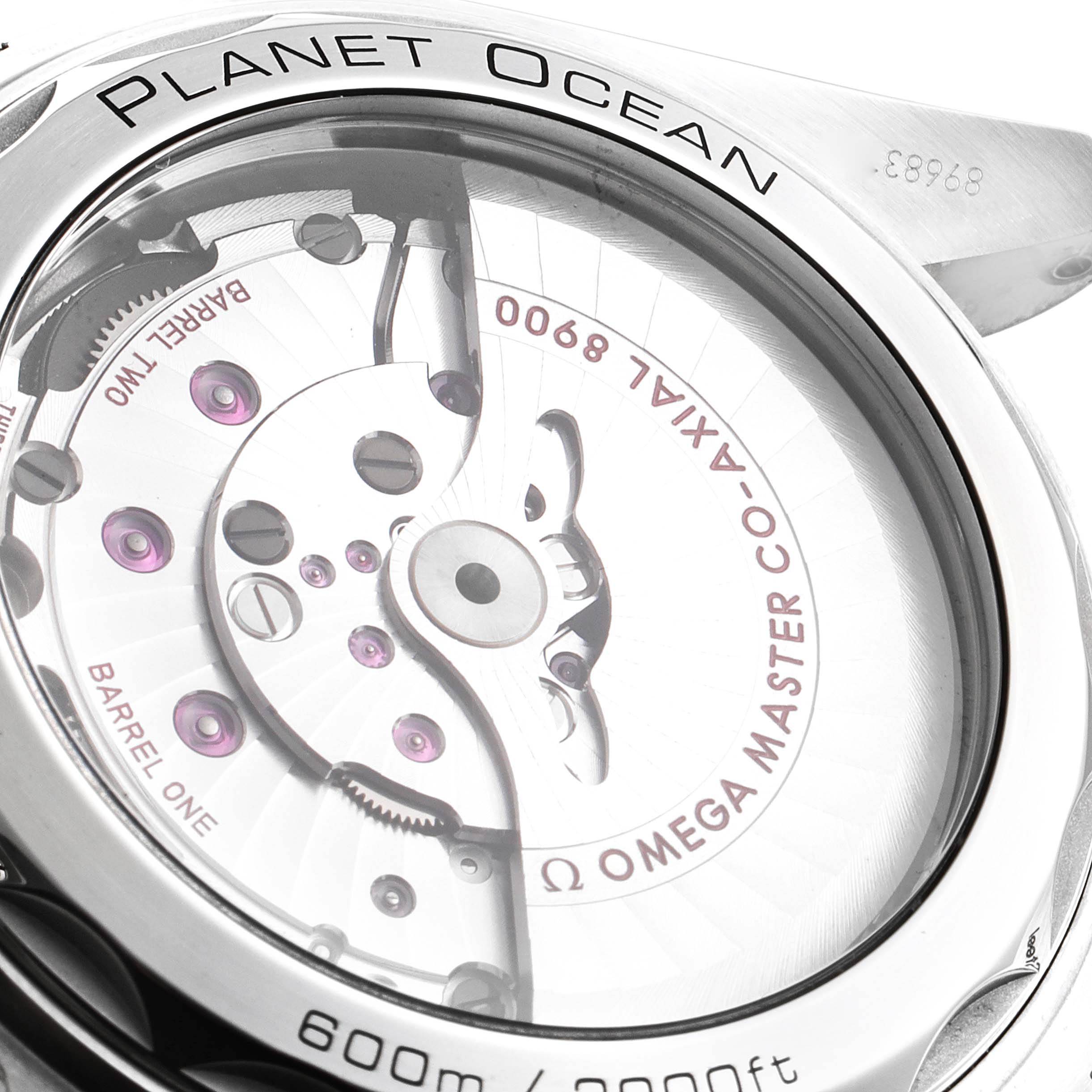 This image shows the transparent case back and movement of the Omega Planet Ocean 215.30.44.21.01.001 Men's Stainless Steel Black Dial 215.30.44.21.01.001 Men's Stainless Steel Black Dial watch viewed from the rear angle.