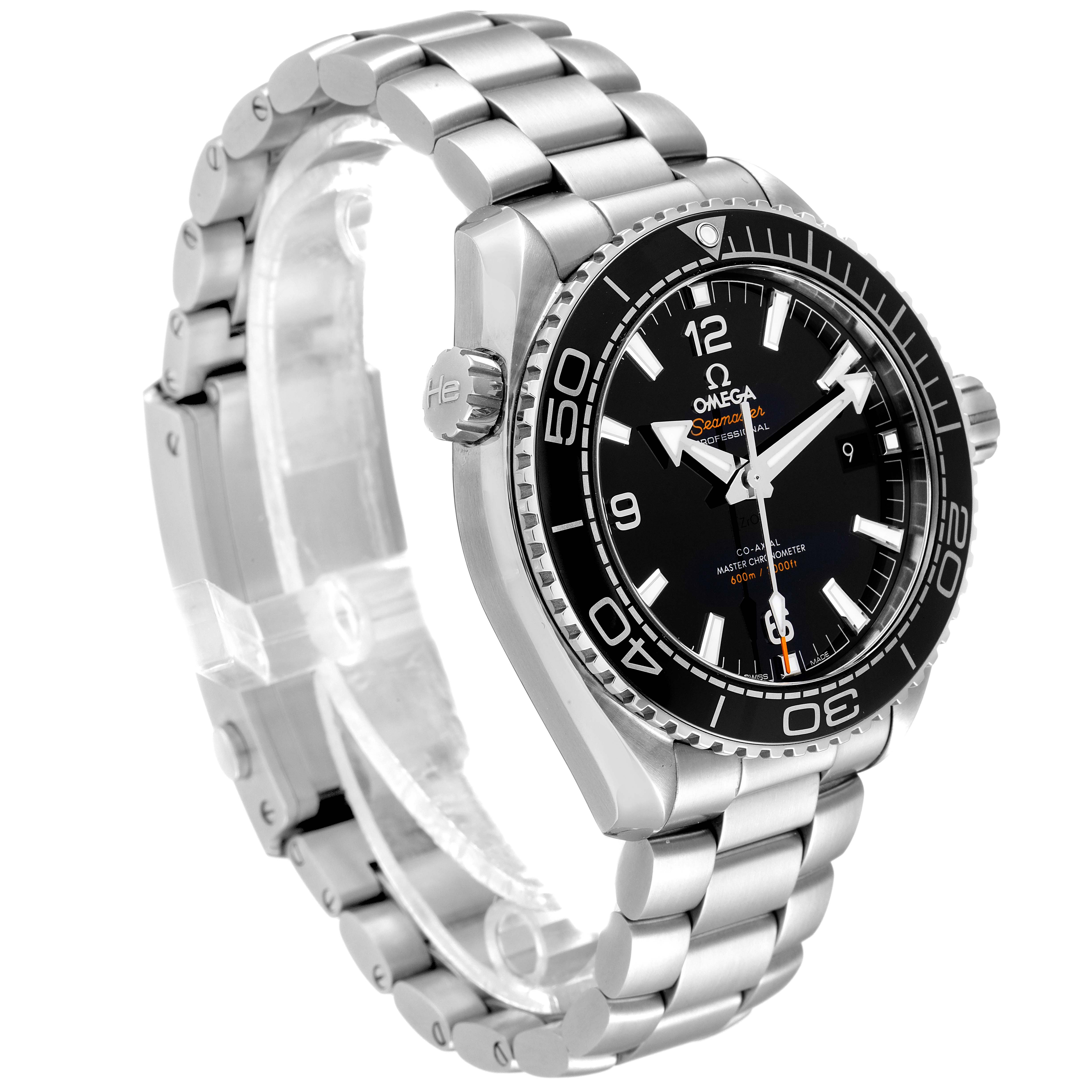 The Omega Planet Ocean 215.30.44.21.01.001 Men's Stainless Steel Black Dial 215.30.44.21.01.001 Men's Stainless Steel Black Dial watch is shown at a three-quarter angle, displaying its bracelet, bezel, and dial.