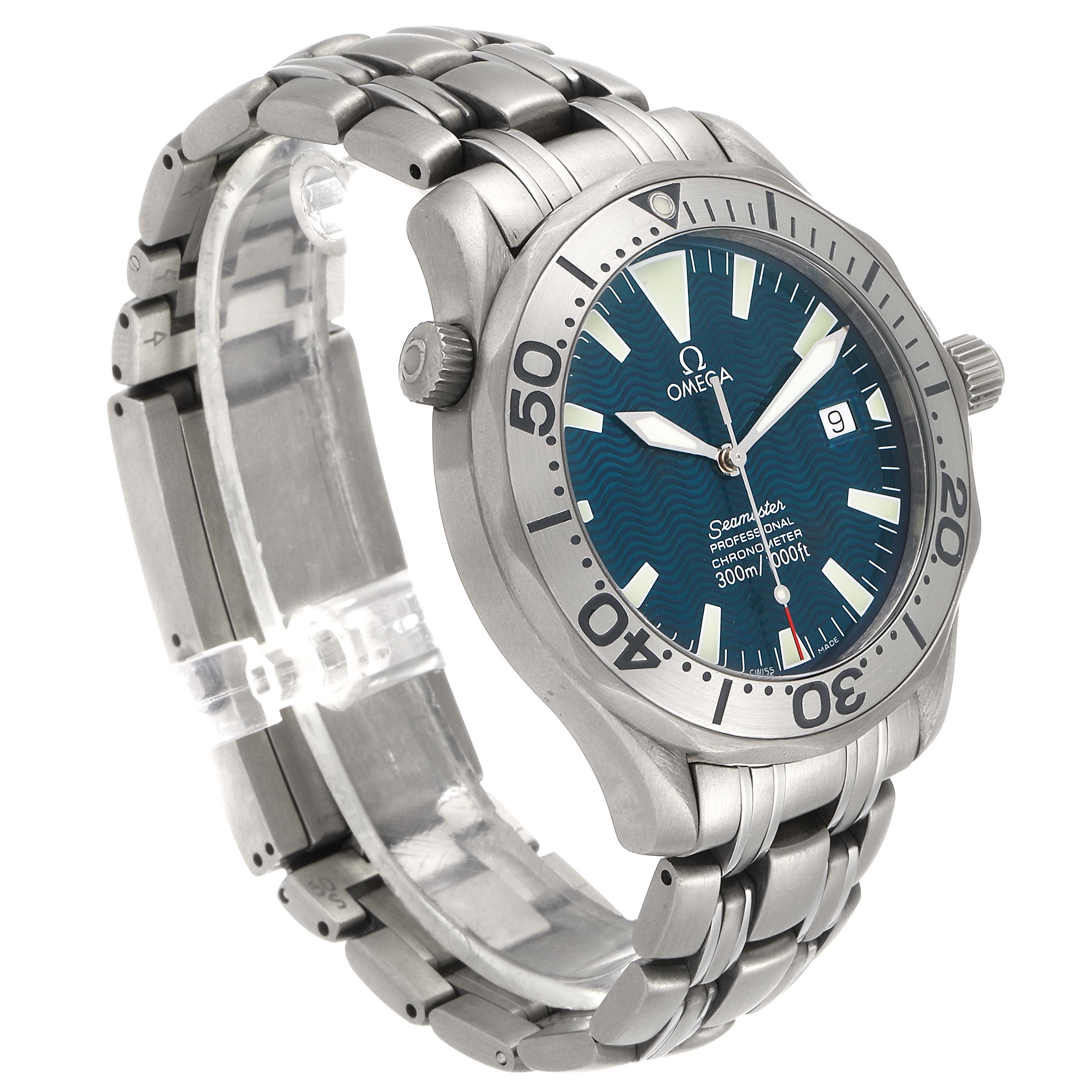 The image shows an Omega Seamaster 2231.80.00 Men's Titanium Blue Dial 2231.80.00 Men's Titanium Blue Dial watch at a three-quarter angle, displaying the face, bezel, crown, and part of the bracelet.