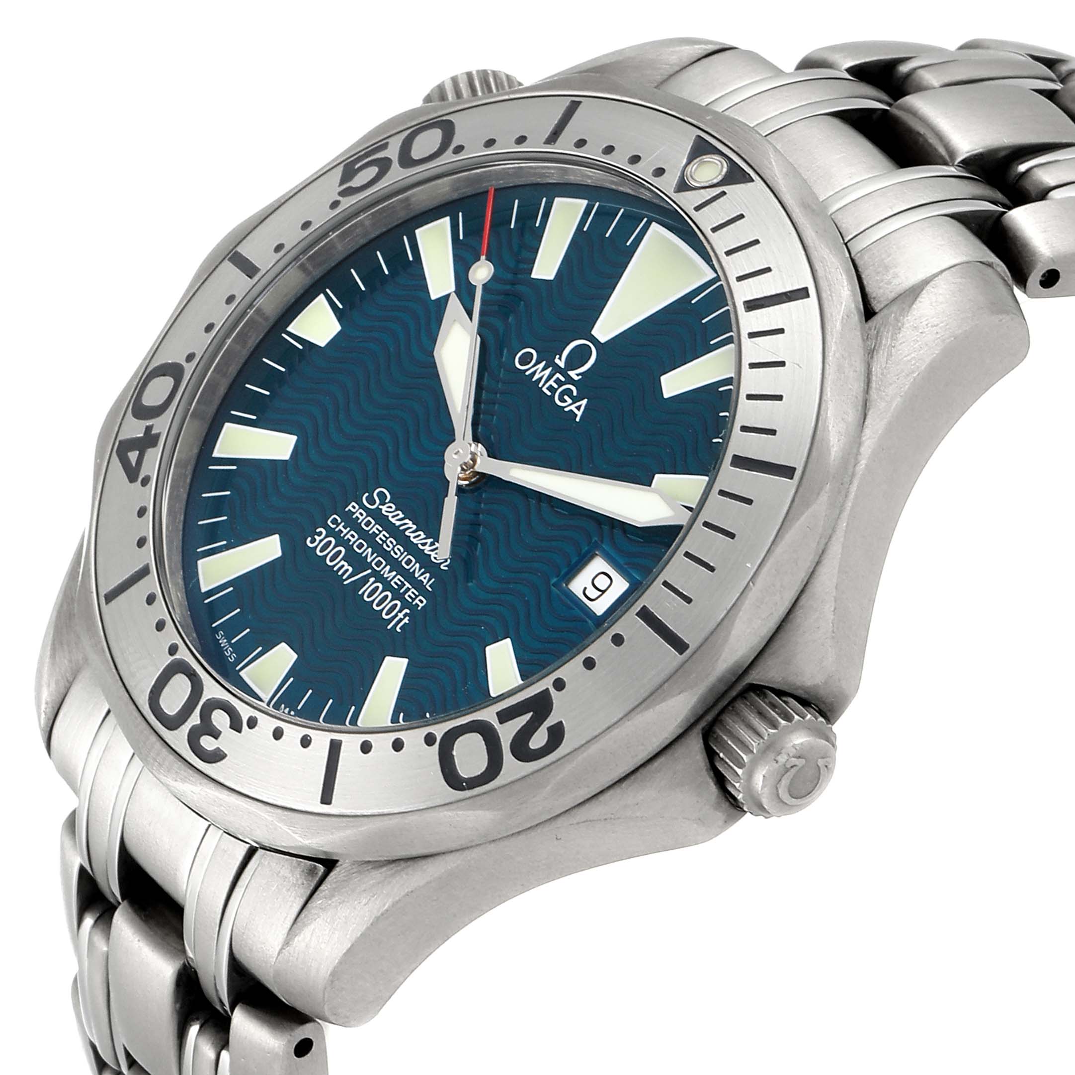 The image shows an Omega Seamaster 2231.80.00 Men's Titanium Blue Dial 2231.80.00 Men's Titanium Blue Dial watch at an angled view, highlighting the face, bezel, crown, and part of the bracelet.