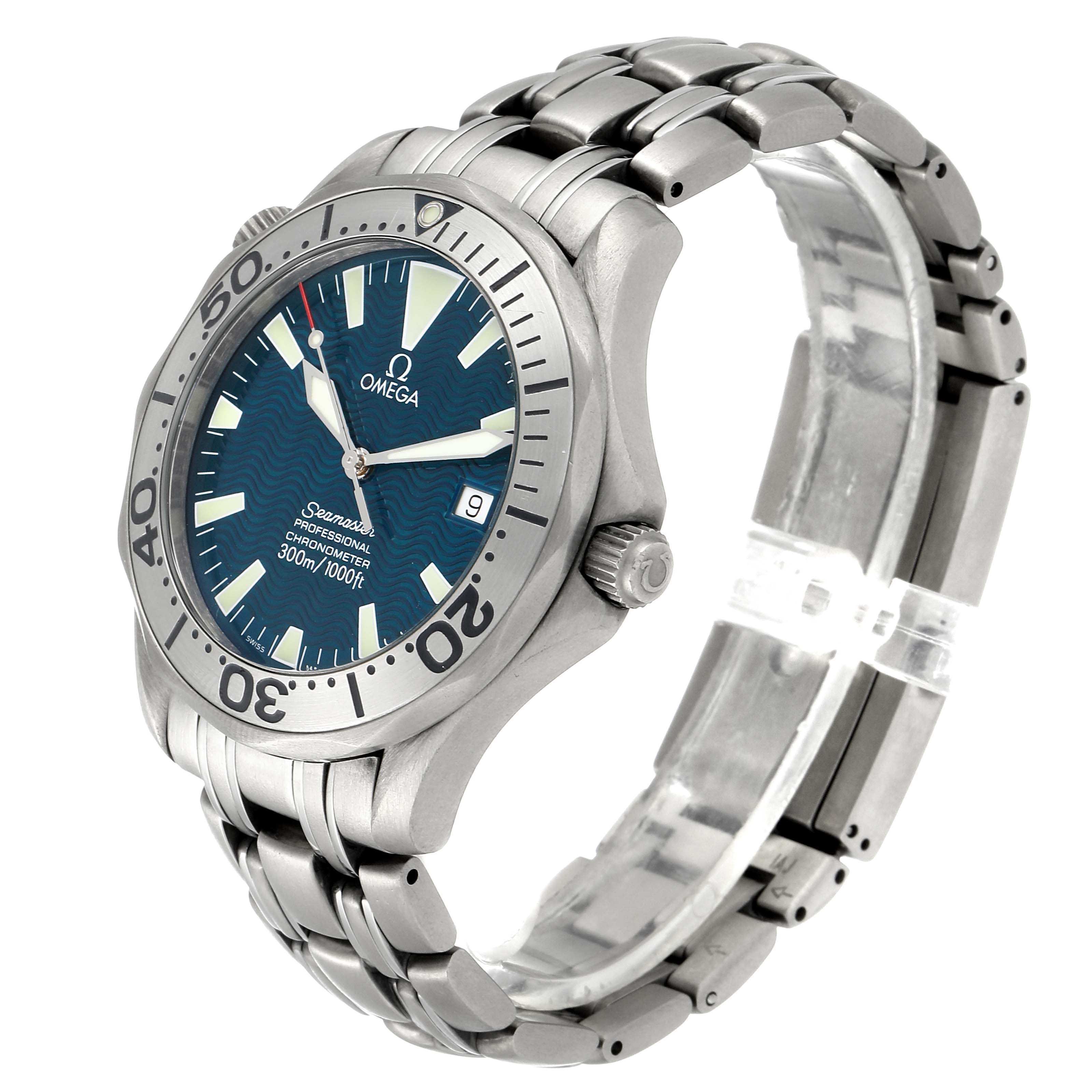 This side-angle view shows the Omega Seamaster 2231.80.00 Men's Titanium Blue Dial 2231.80.00 Men's Titanium Blue Dial watch, including the dial, bezel, crown, and stainless steel bracelet.