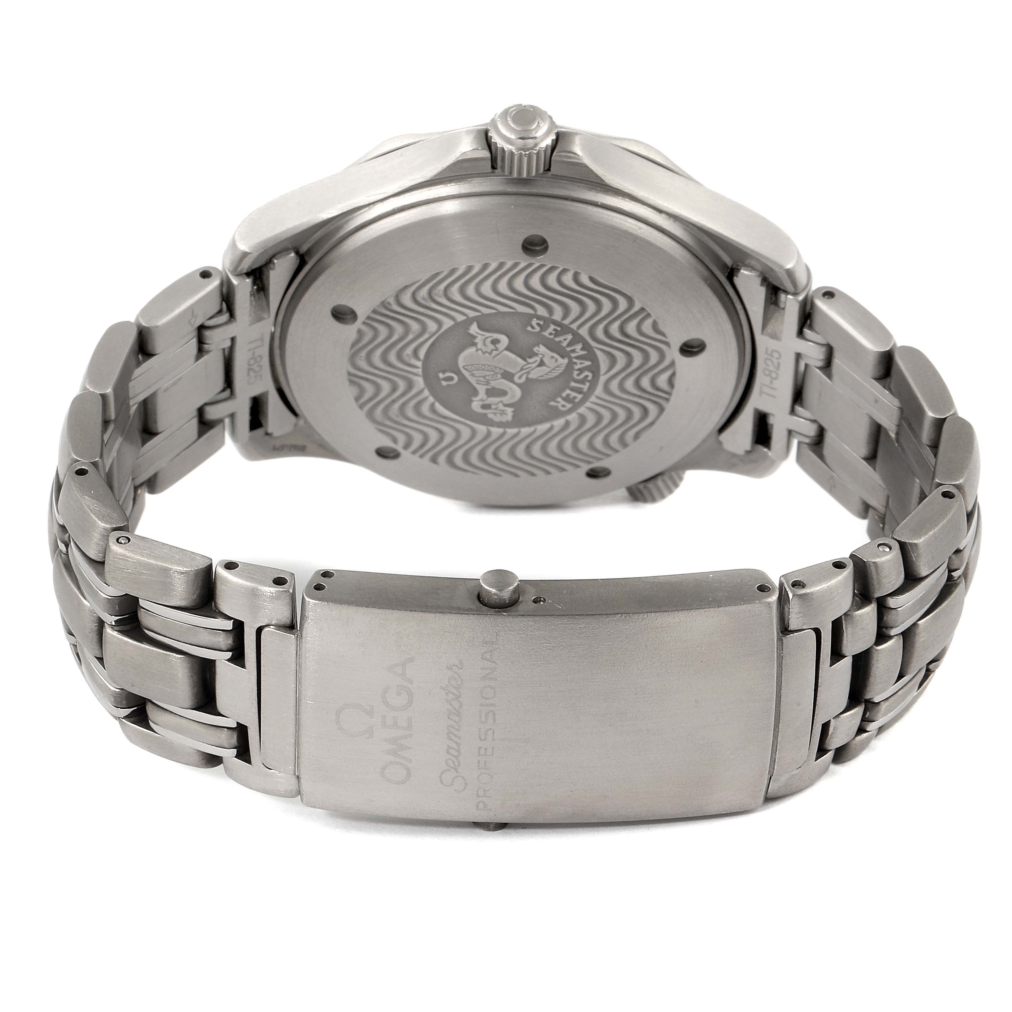 The image shows the back case and bracelet clasp of an Omega Seamaster 2231.80.00 Men's Titanium Blue Dial 2231.80.00 Men's Titanium Blue Dial watch from a rear angle.