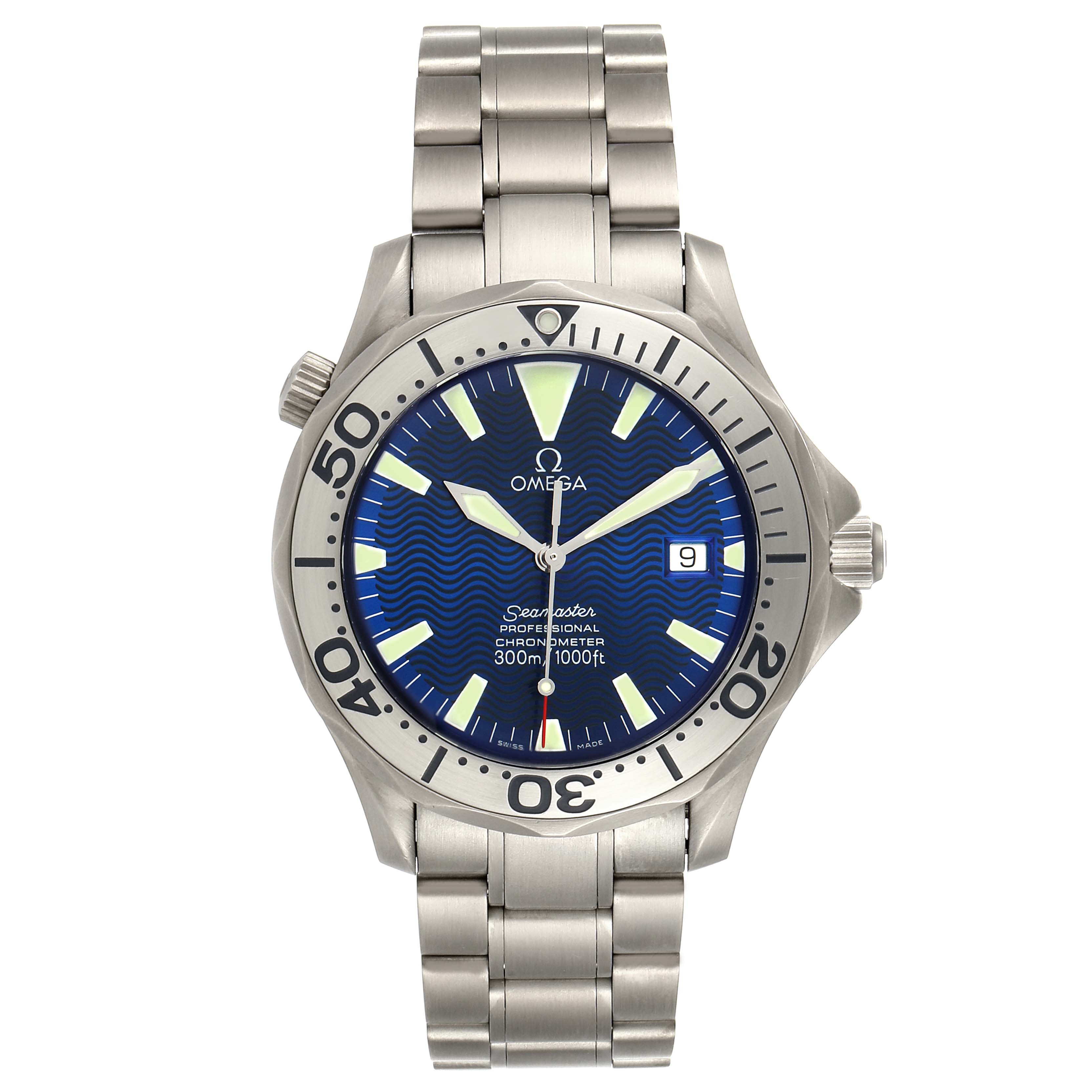 The image shows a front view of the Omega Seamaster 2232.80.00 Men's Titanium Blue Dial 2232.80.00 Men's Titanium Blue Dial watch, including its dial, bezel, bracelet, and crown.