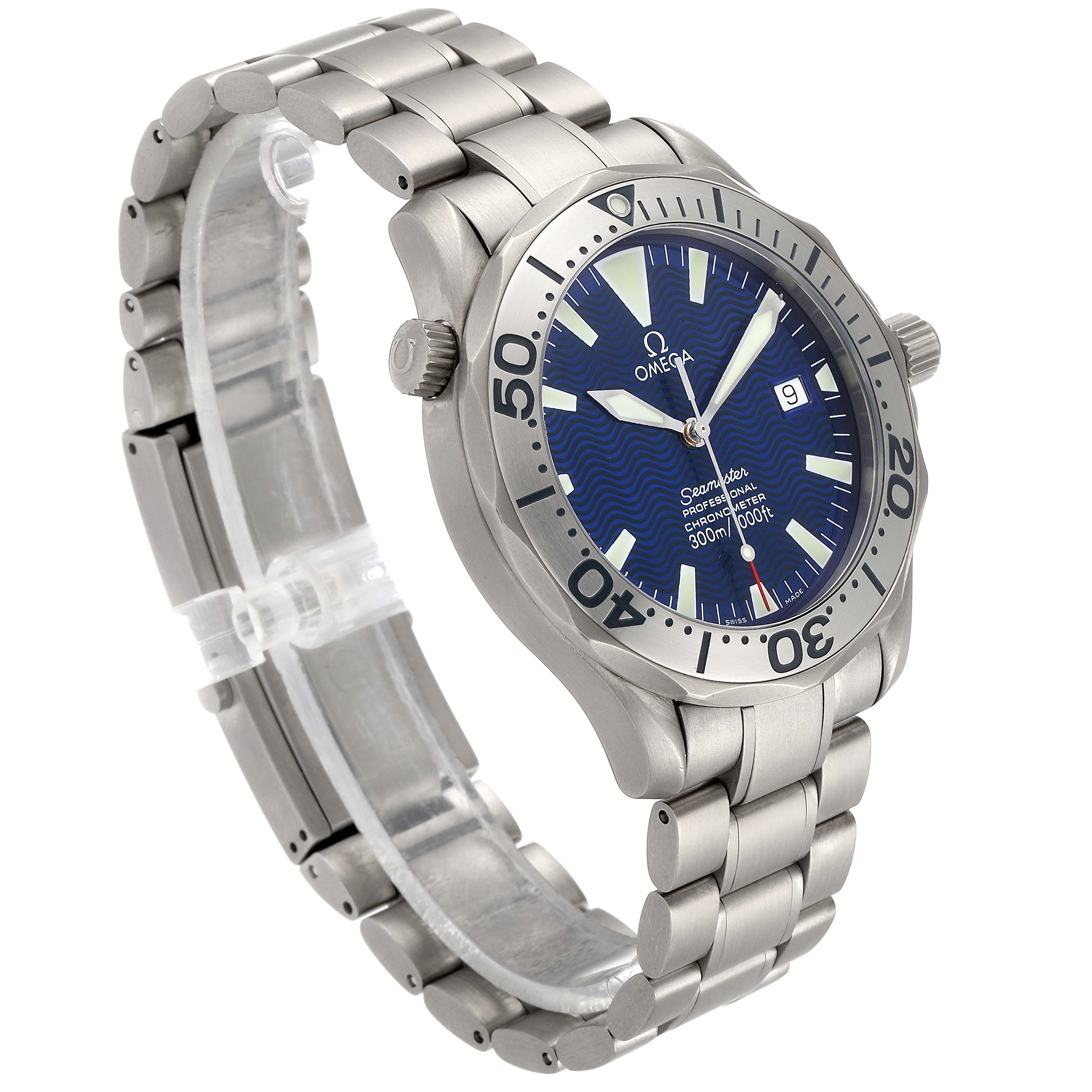 The Omega Seamaster 2232.80.00 Men's Titanium Blue Dial 2232.80.00 Men's Titanium Blue Dial watch is shown at a three-quarter angle, highlighting the dial, bezel, bracelet, and crown.